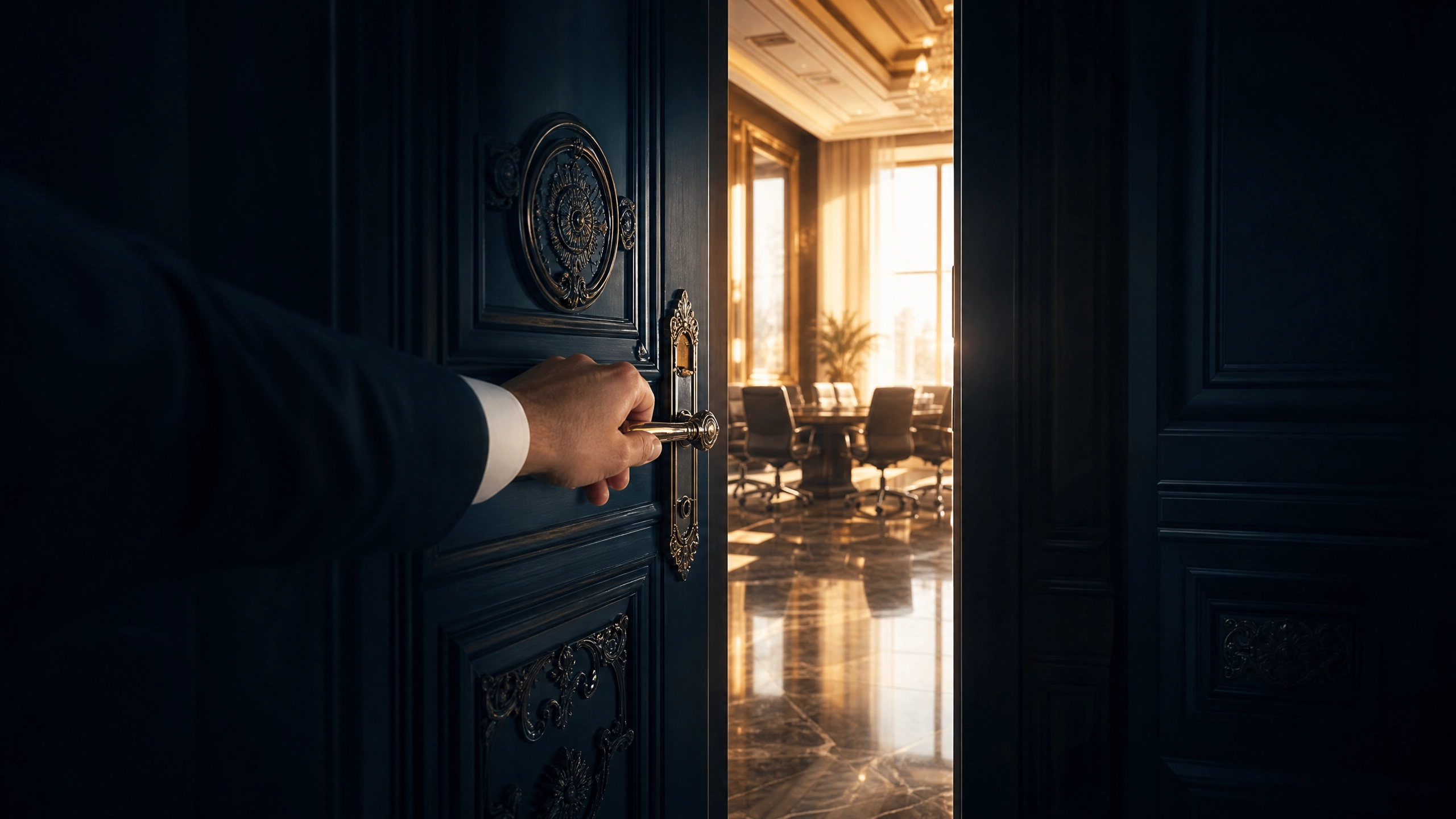 A hand opening an ornate boardroom door into a warmly lit meeting room — representing sponsorship and advocacy in senior leadership