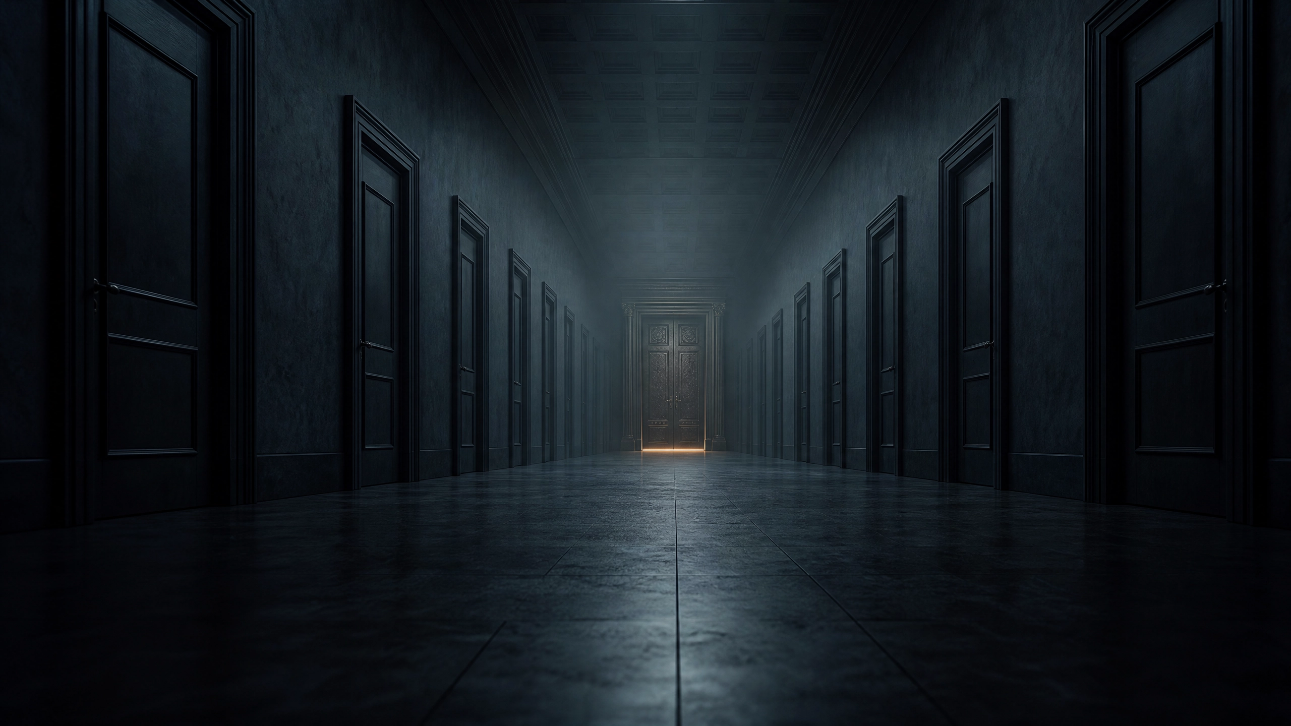 A long dark corridor of identical closed doors with one final ornate door at the end showing a thin line of amber light — representing the final barrier in senior career advancement