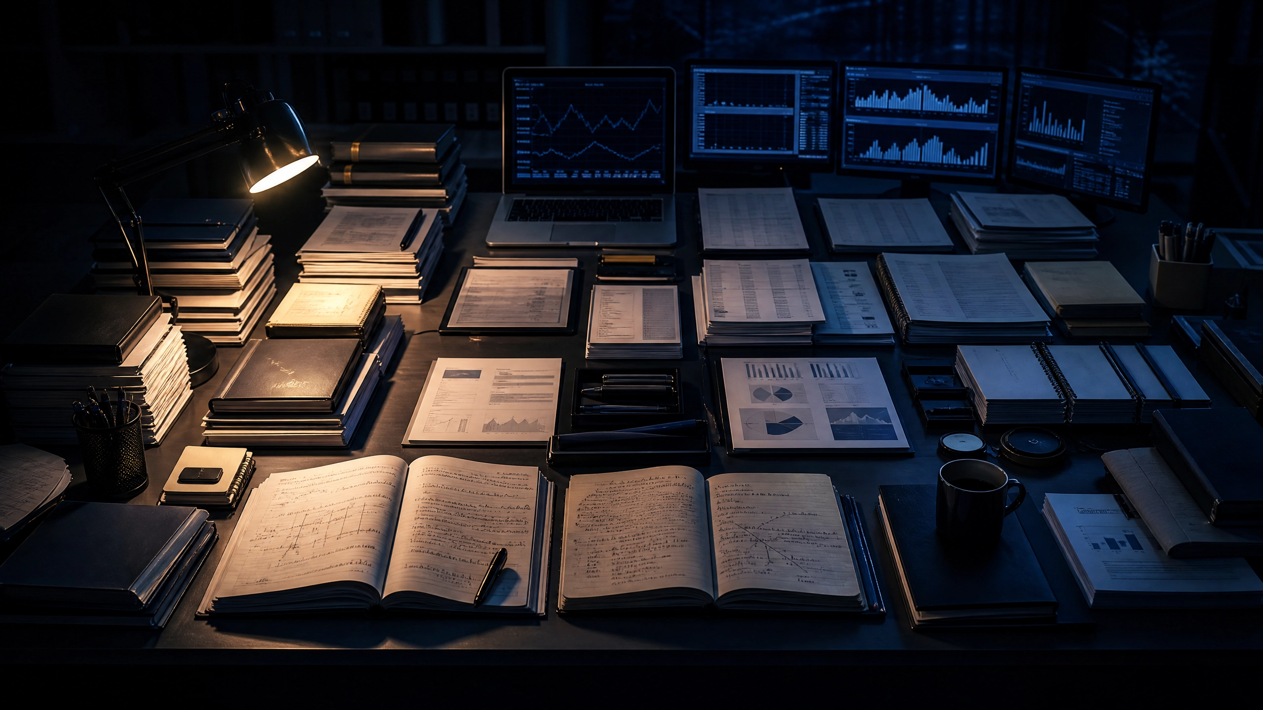 A vast dark desk covered in meticulously organised stacks of documents, notebooks, and screens — representing cognitive overload and the over-preparation trap