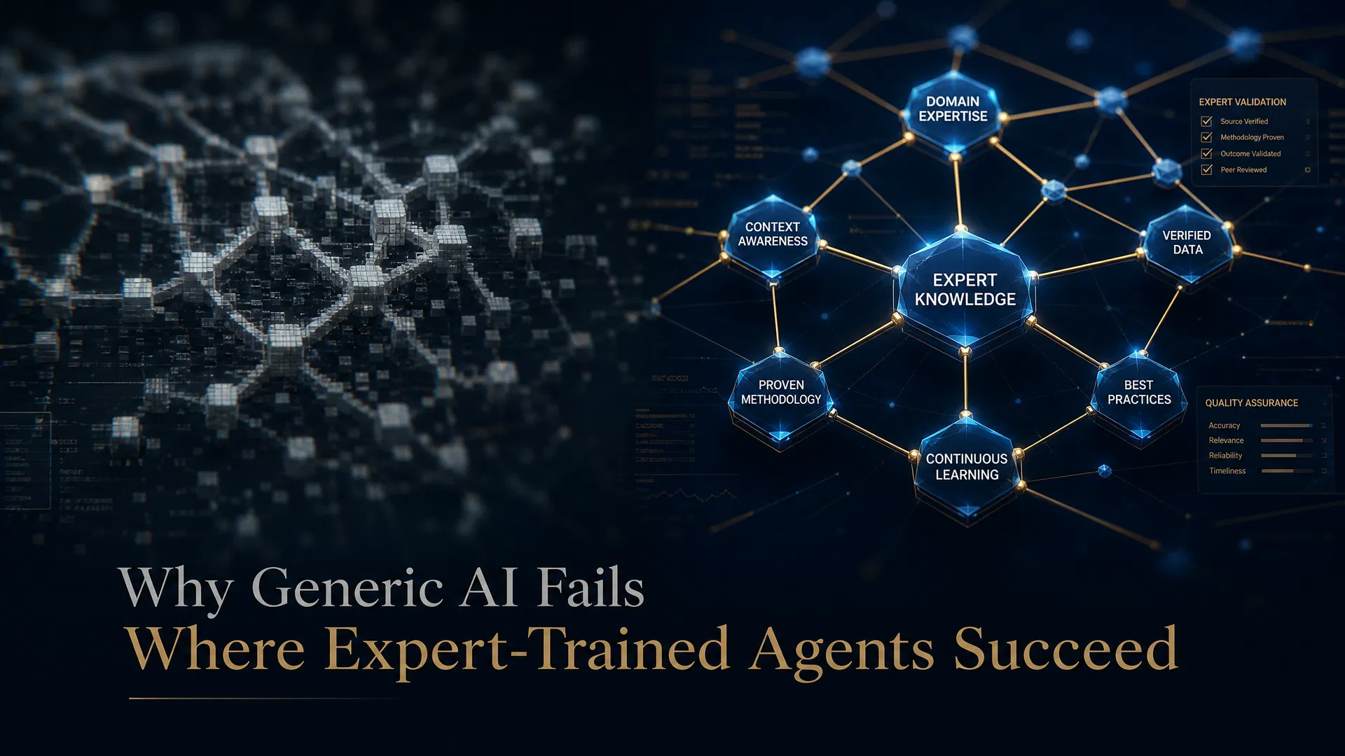 Split composition showing fragmented generic AI versus a precisely structured expert knowledge graph