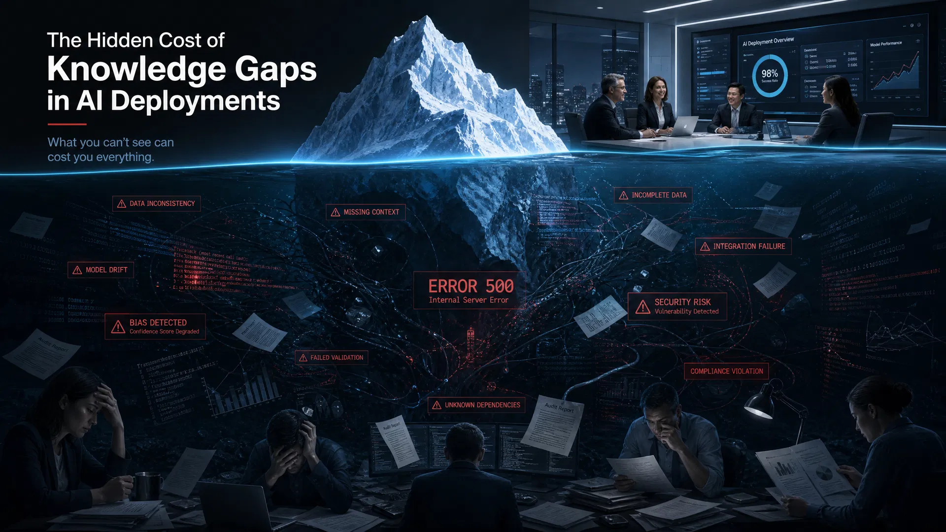 Iceberg showing the visible success of AI above the waterline and the hidden costs below