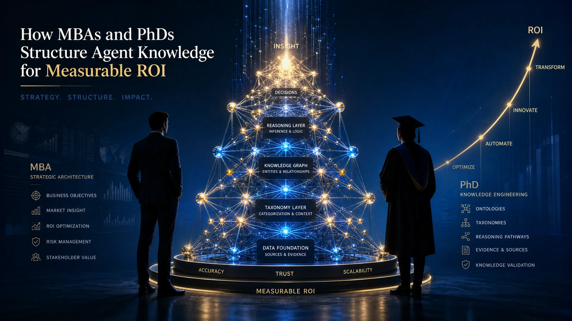 MBA and PhD figures flanking a luminous knowledge architecture structure with ROI growth curve