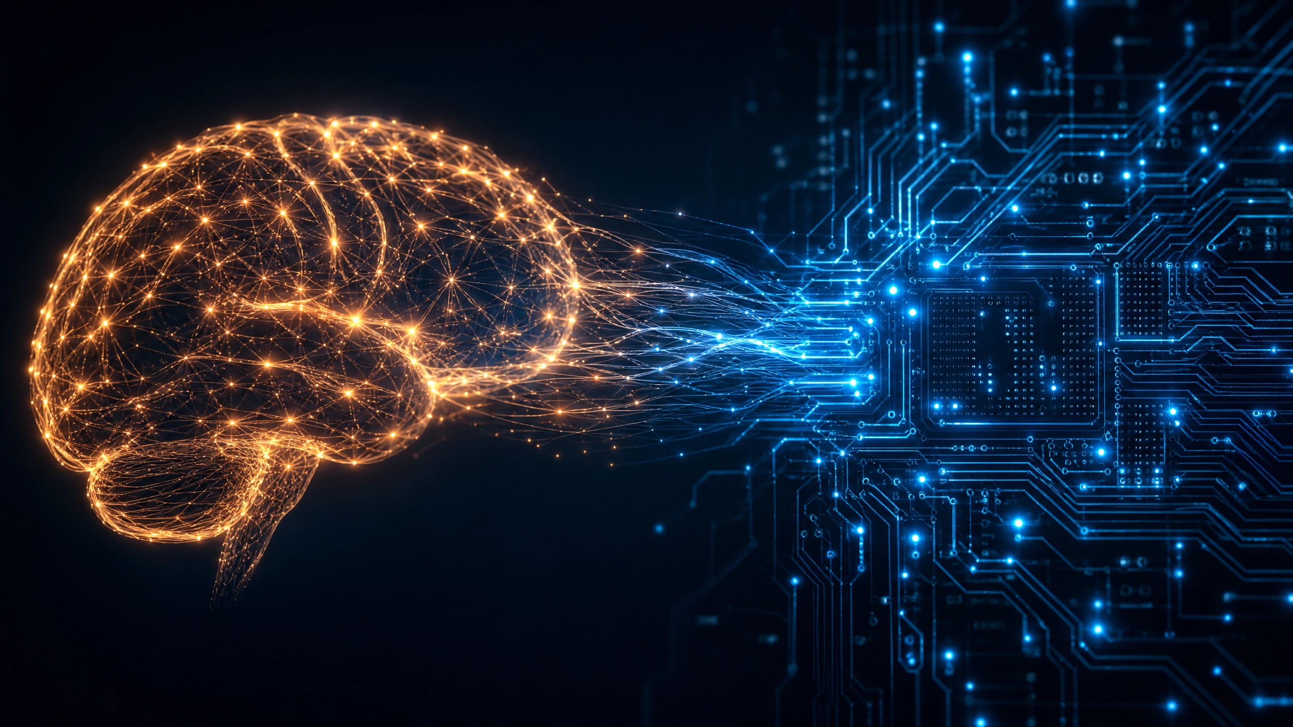 Human brain as amber neural network on the left connecting to a blue AI circuit board on the right, dark navy background