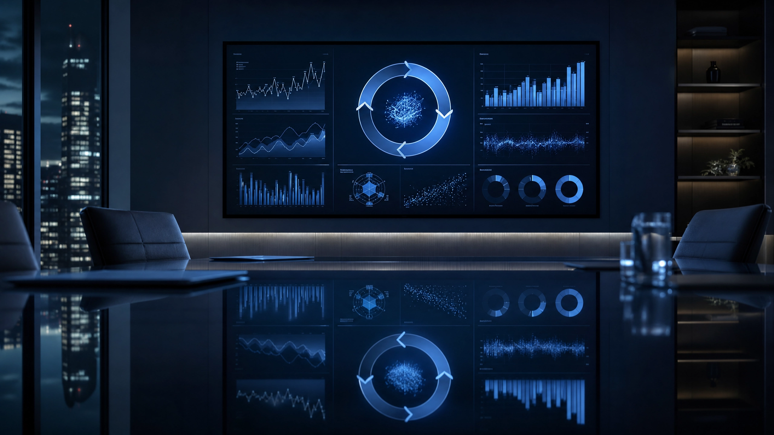 Executive AI coaching dashboard with analytics charts reflected in a dark glass conference table, cool blue ambient light
