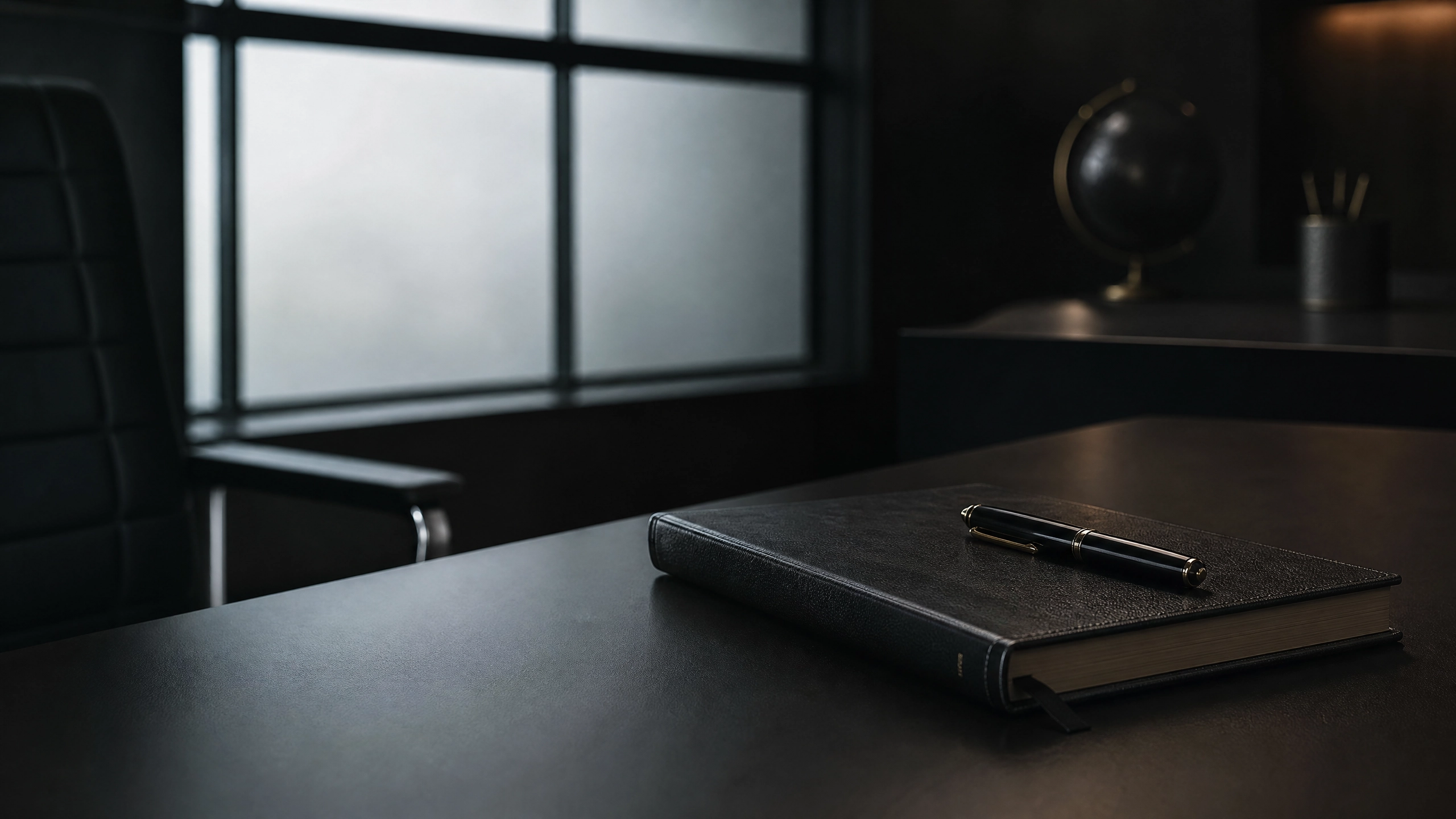 Minimalist dark office desk with a closed leather notebook and fountain pen, frosted window light