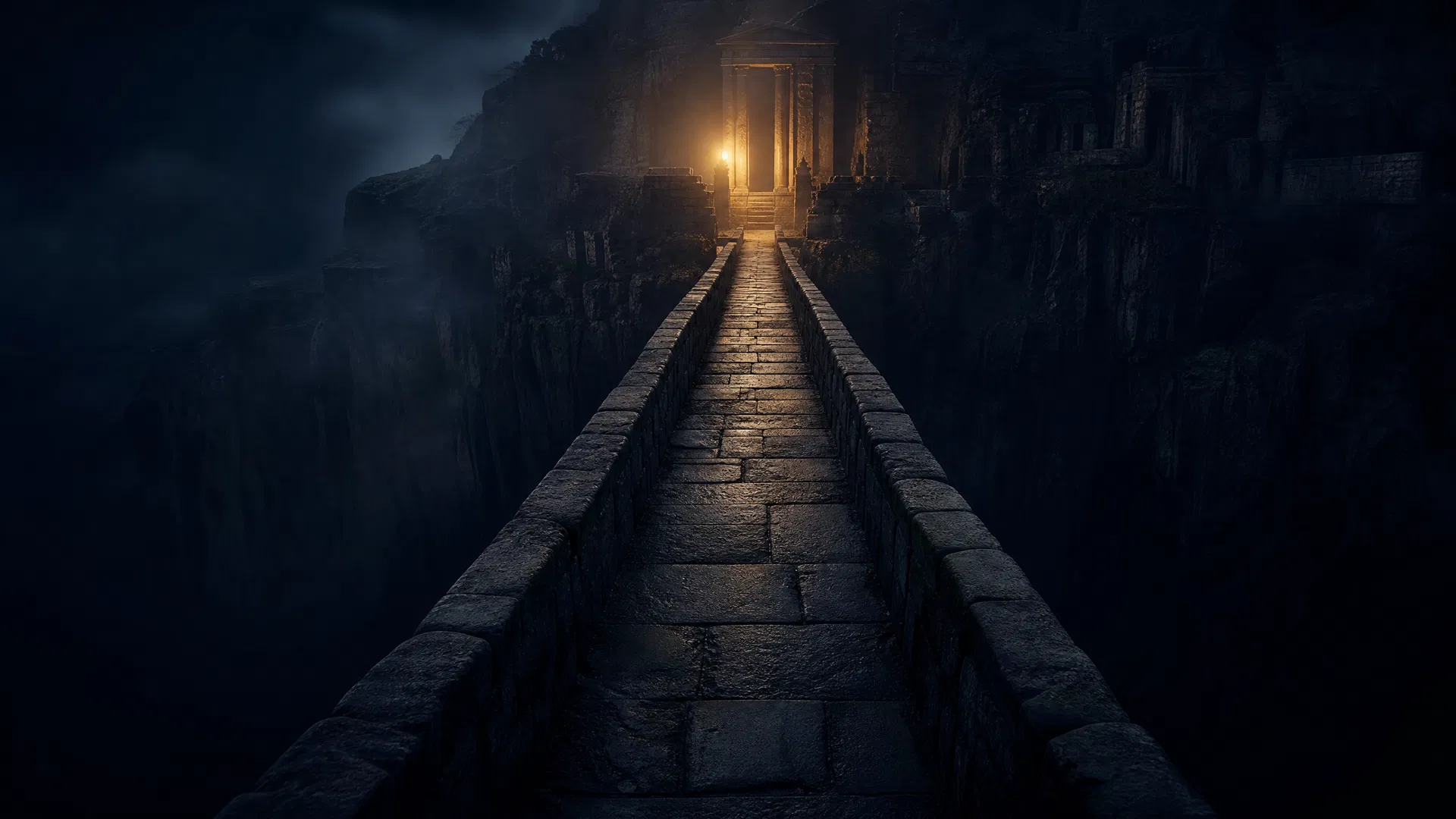 A stone bridge crossing a dark chasm at night, leading toward a warm light — symbolising the gap between insight and sustained behaviour change