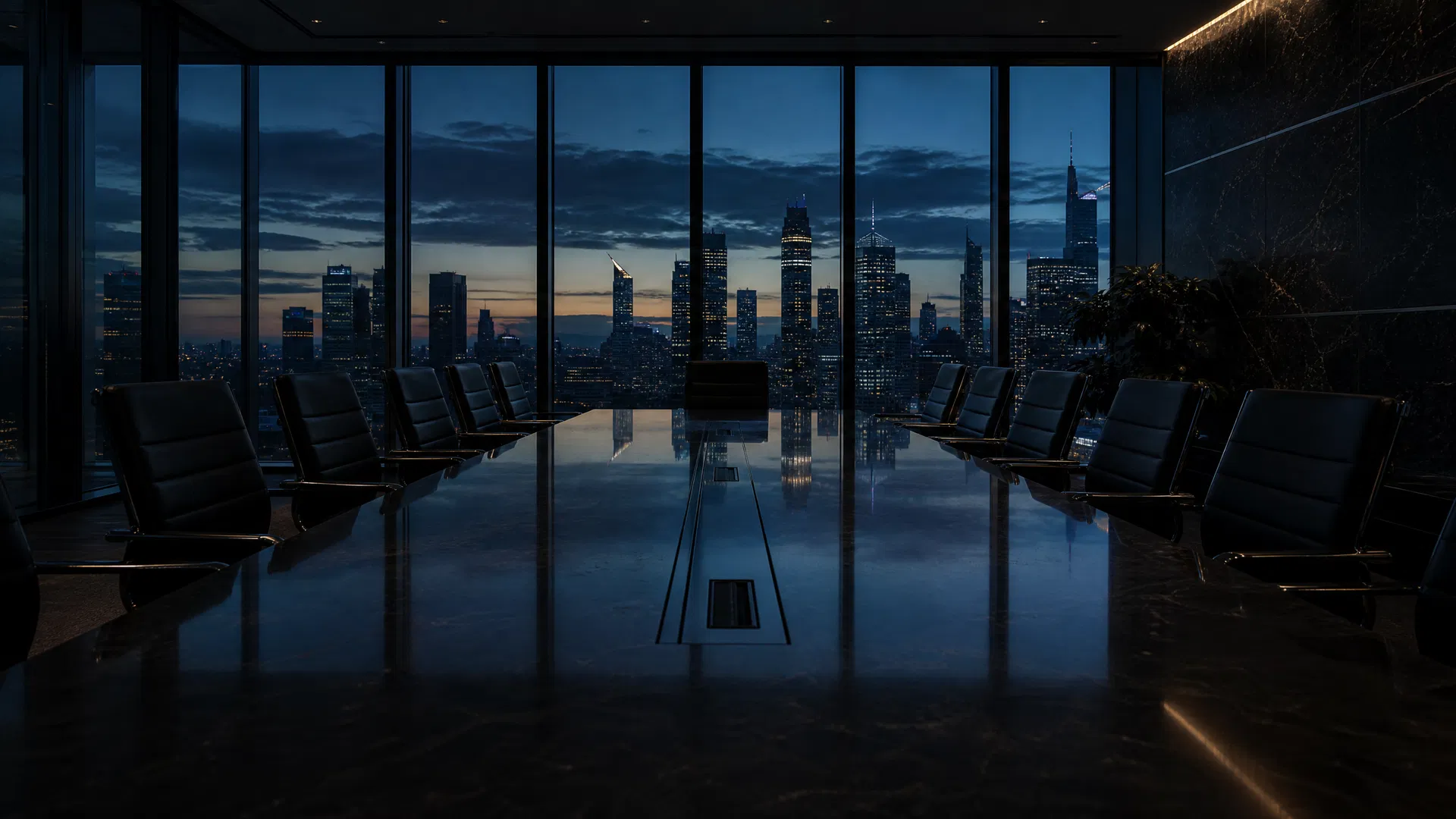 An empty executive boardroom at dusk overlooking a city skyline, symbolising the threshold between functional expertise and general leadership
