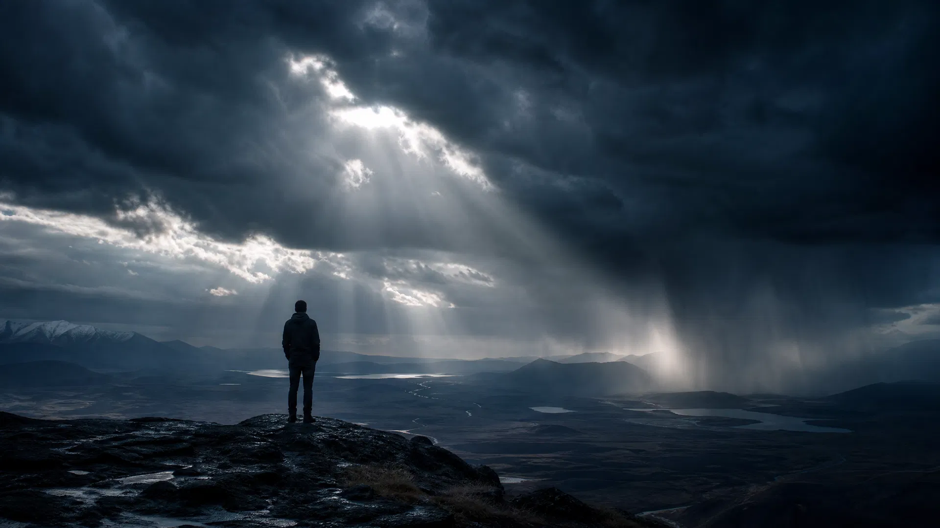 A lone figure standing on a rocky outcrop facing a dramatic storm-lit landscape, symbolising deliberate confrontation with pressure