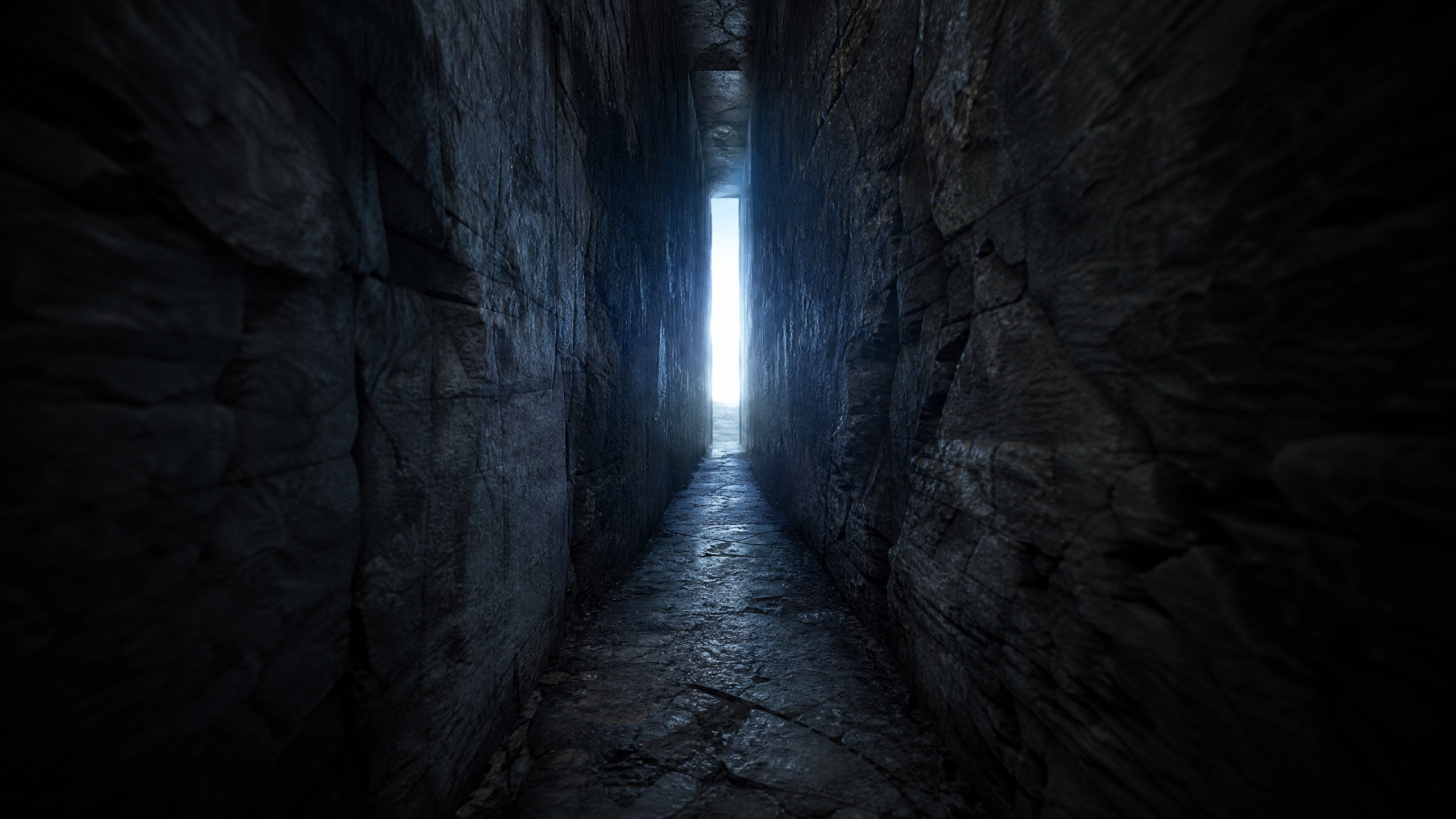 Narrow stone corridor leading to a bright opening — representing deep specialisation as both path and constraint