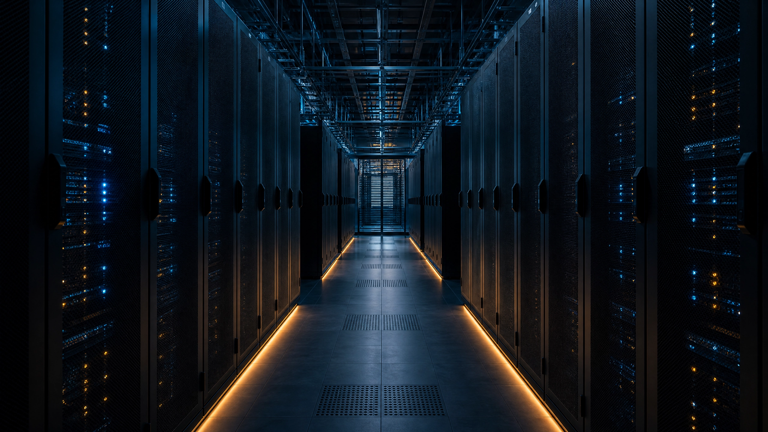 Dark server room corridor with amber lighting — representing AI knowledge infrastructure