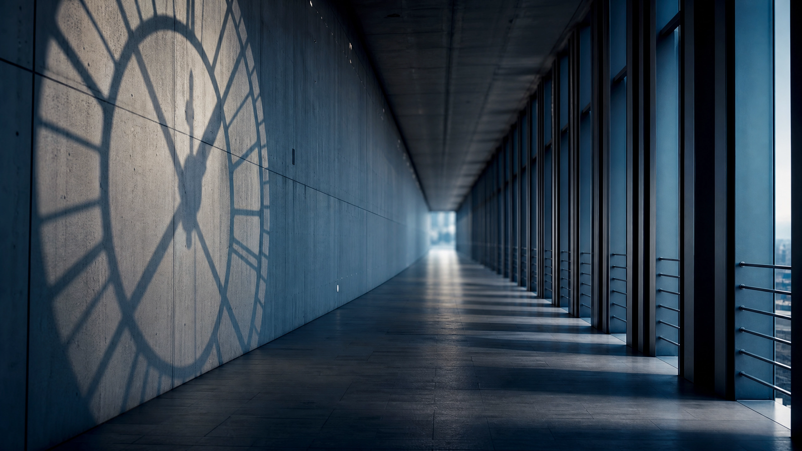 Long architectural corridor with clock shadow on the wall — representing the illusion of time in leadership transitions