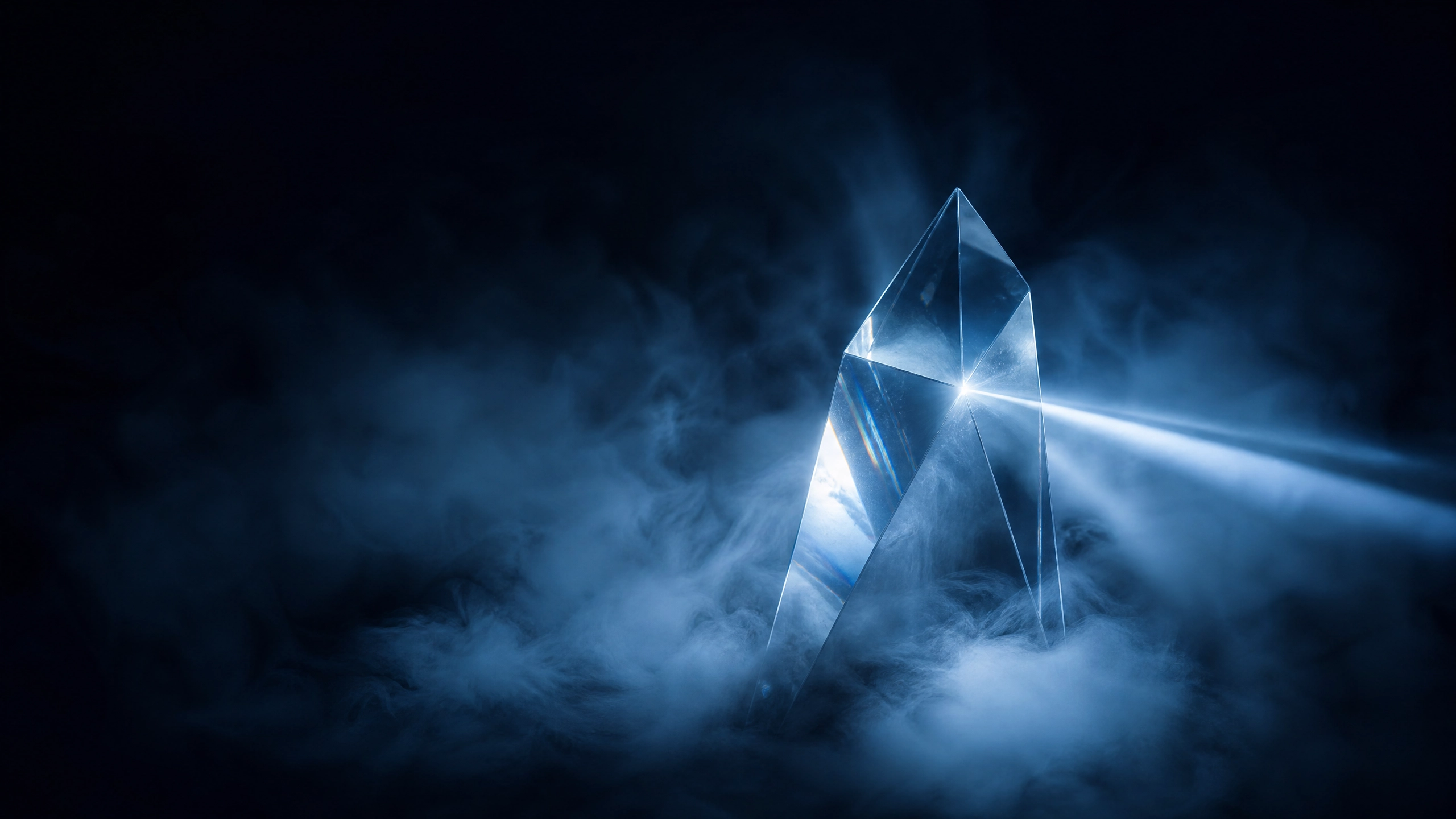 Crystal prism emerging from atmospheric haze with a single beam of light — representing clarity emerging from cognitive ambiguity