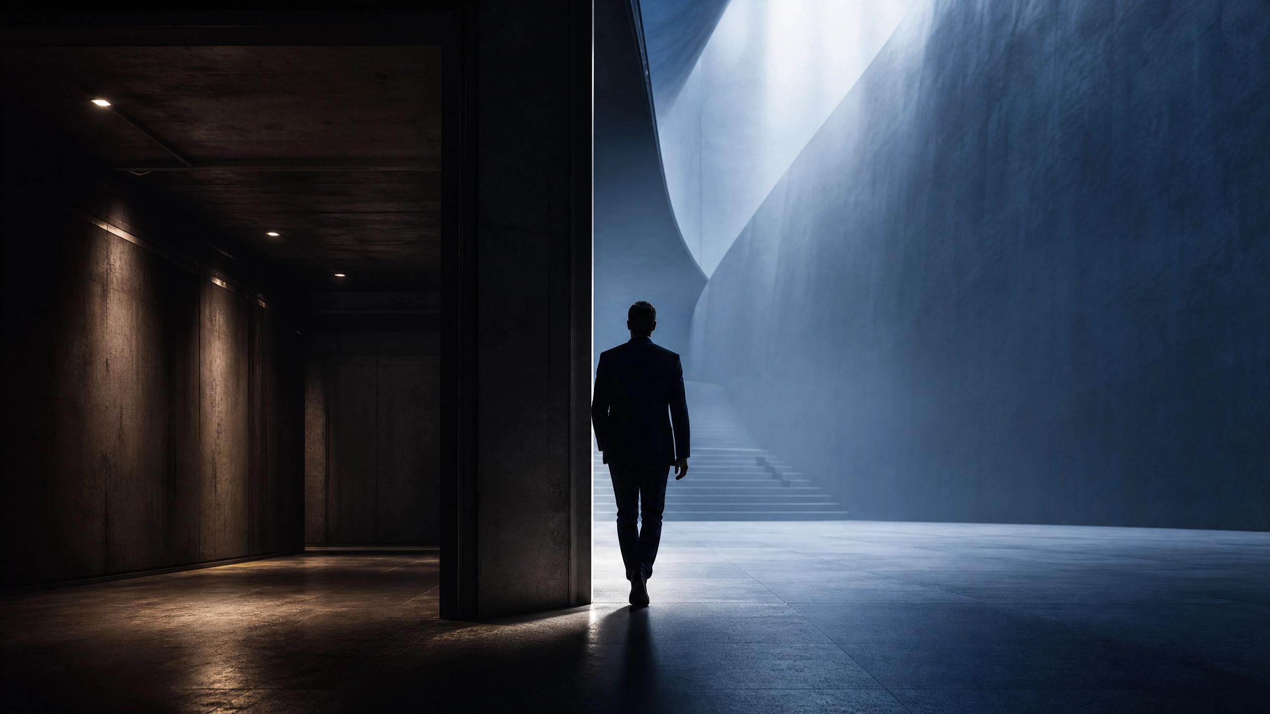 Executive silhouette standing at the threshold between two architectural spaces — a metaphor for leadership identity transition