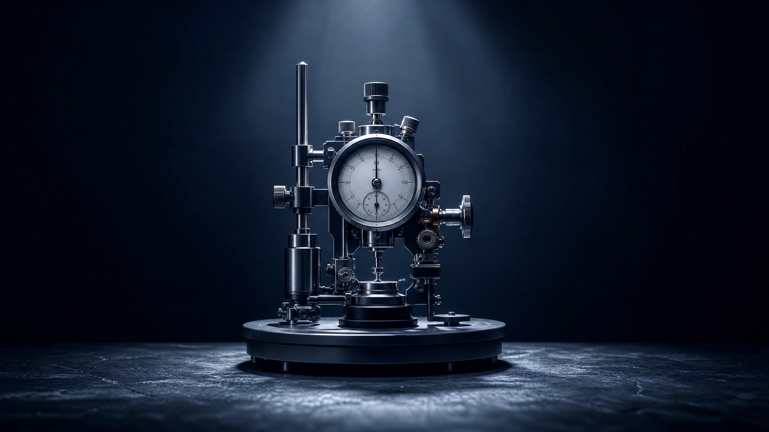 A precision calibration instrument illuminated by a narrow beam of light on a dark slate surface — representing the gap between what leadership development measures and what actually matters