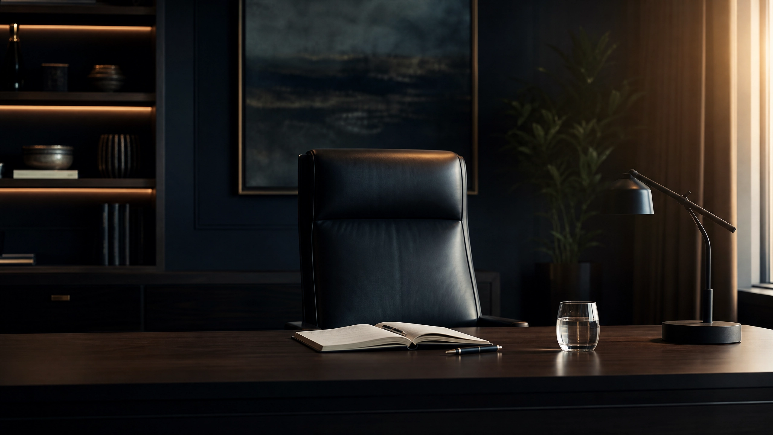 An empty executive chair at a dark wooden desk with an open notebook and glass of water — representing the preparation window before the pressure arrives