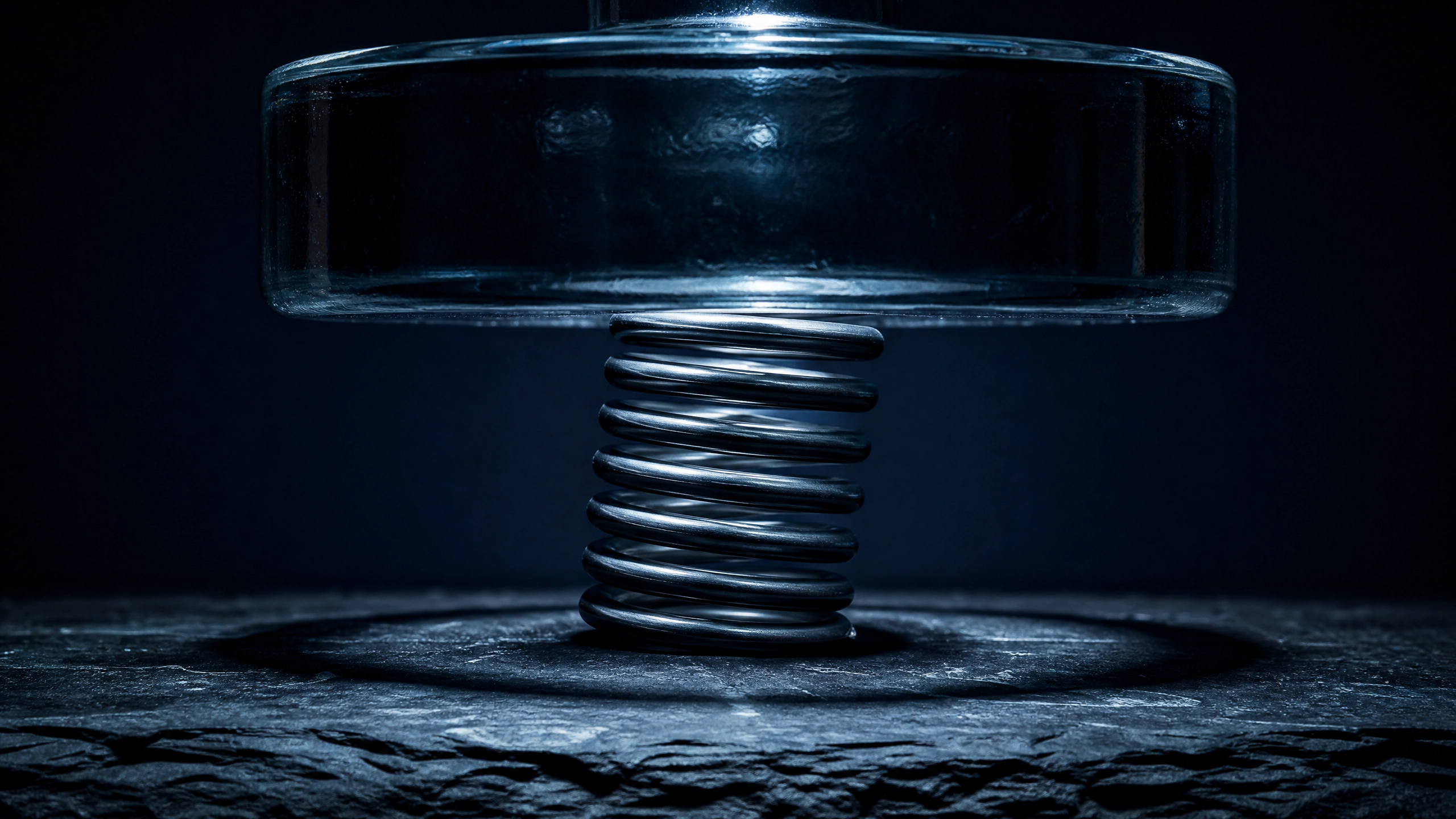 A coiled steel spring compressed under a glass weight on dark slate — representing the tension of sustained performance without recovery