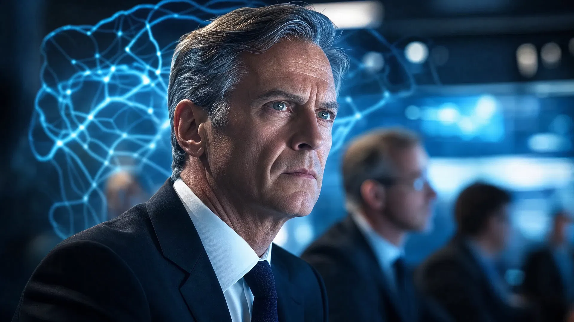 Senior executive in board meeting with neural pathway overlay, intense focused expression