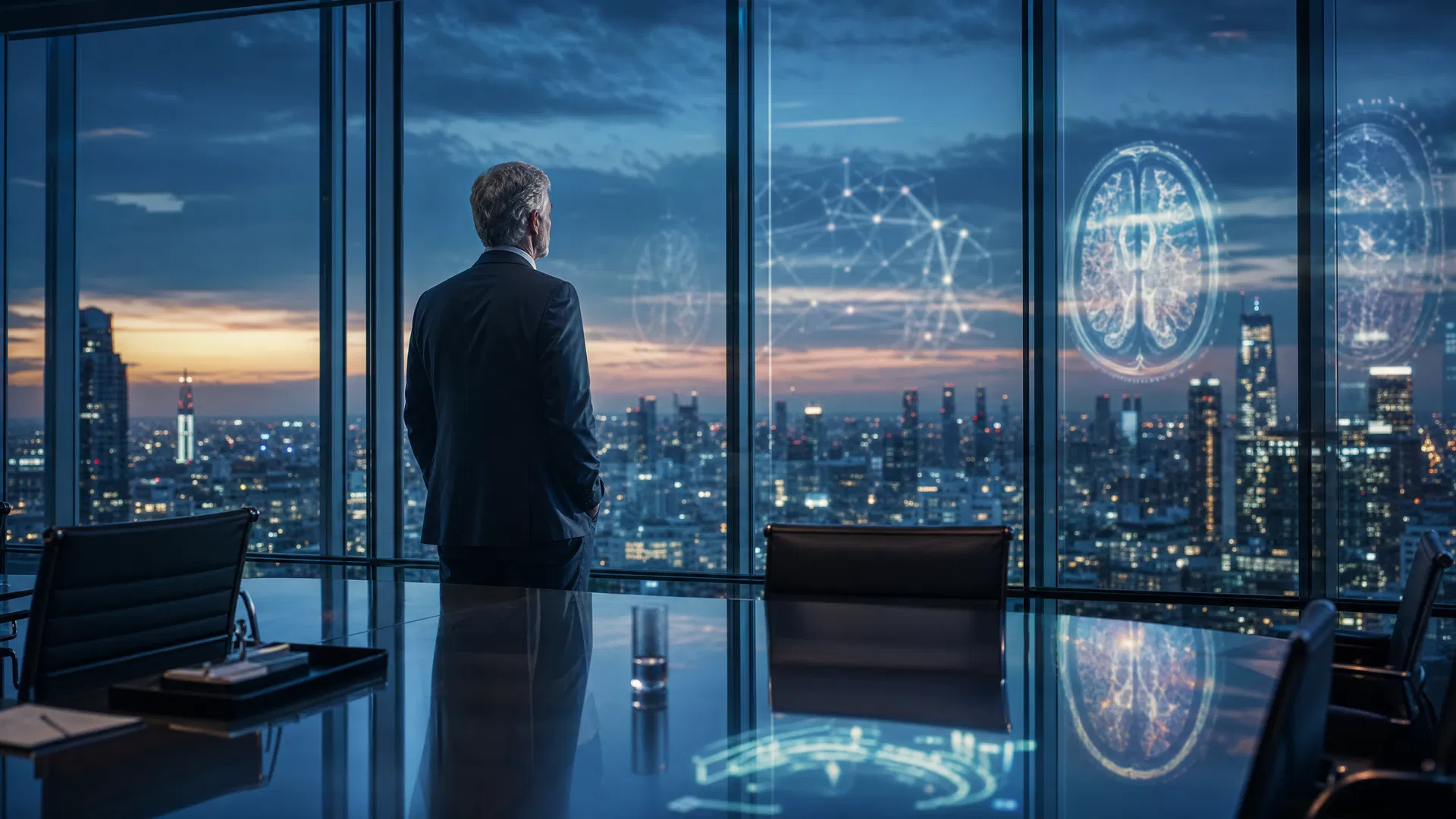 Senior executive standing at boardroom window overlooking city skyline at dusk, with neural network diagrams reflected in the glass