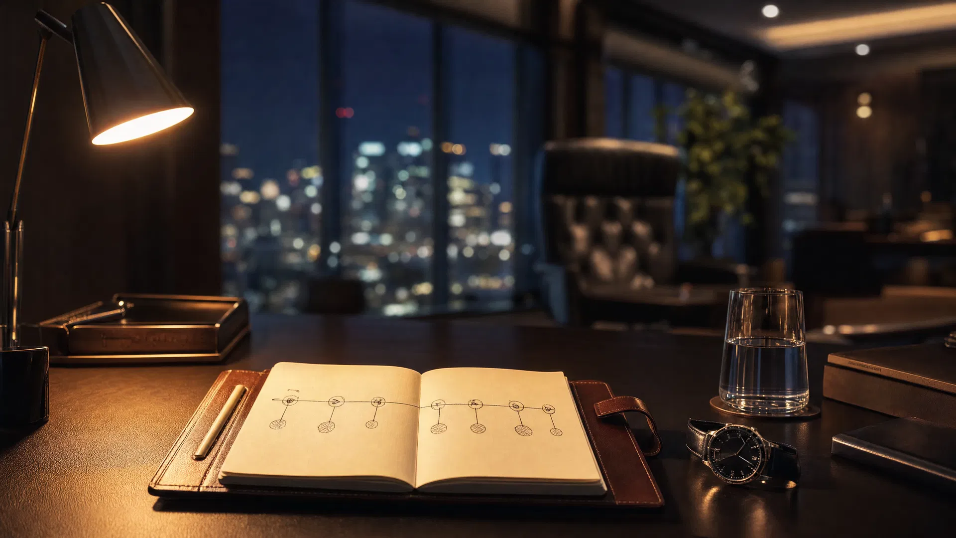 Open leather notebook with 90-day timeline on executive desk with city lights at night