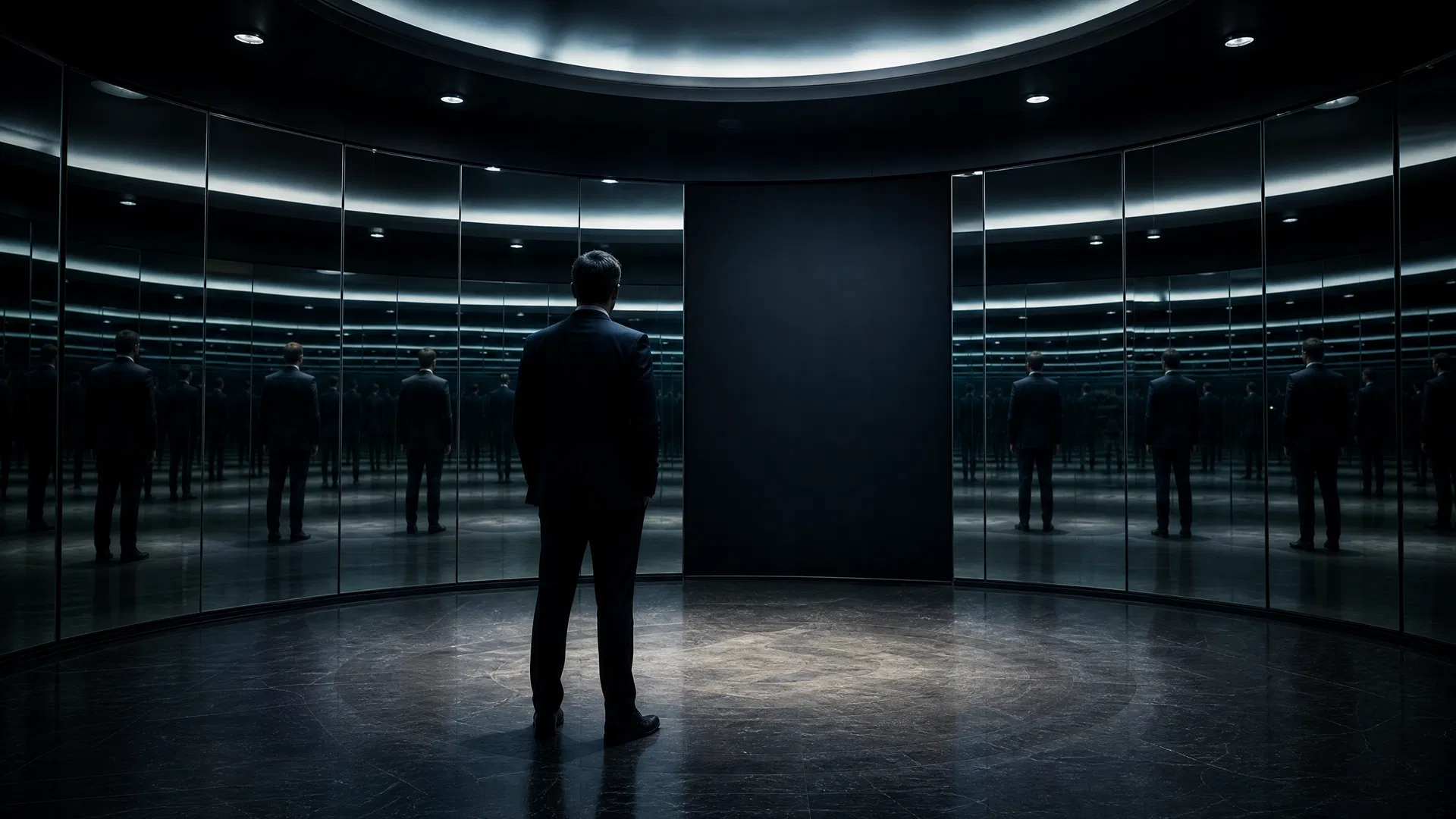 Executive silhouette in a circular mirrored room with infinite reflections and a single opaque dark panel — the blind spot