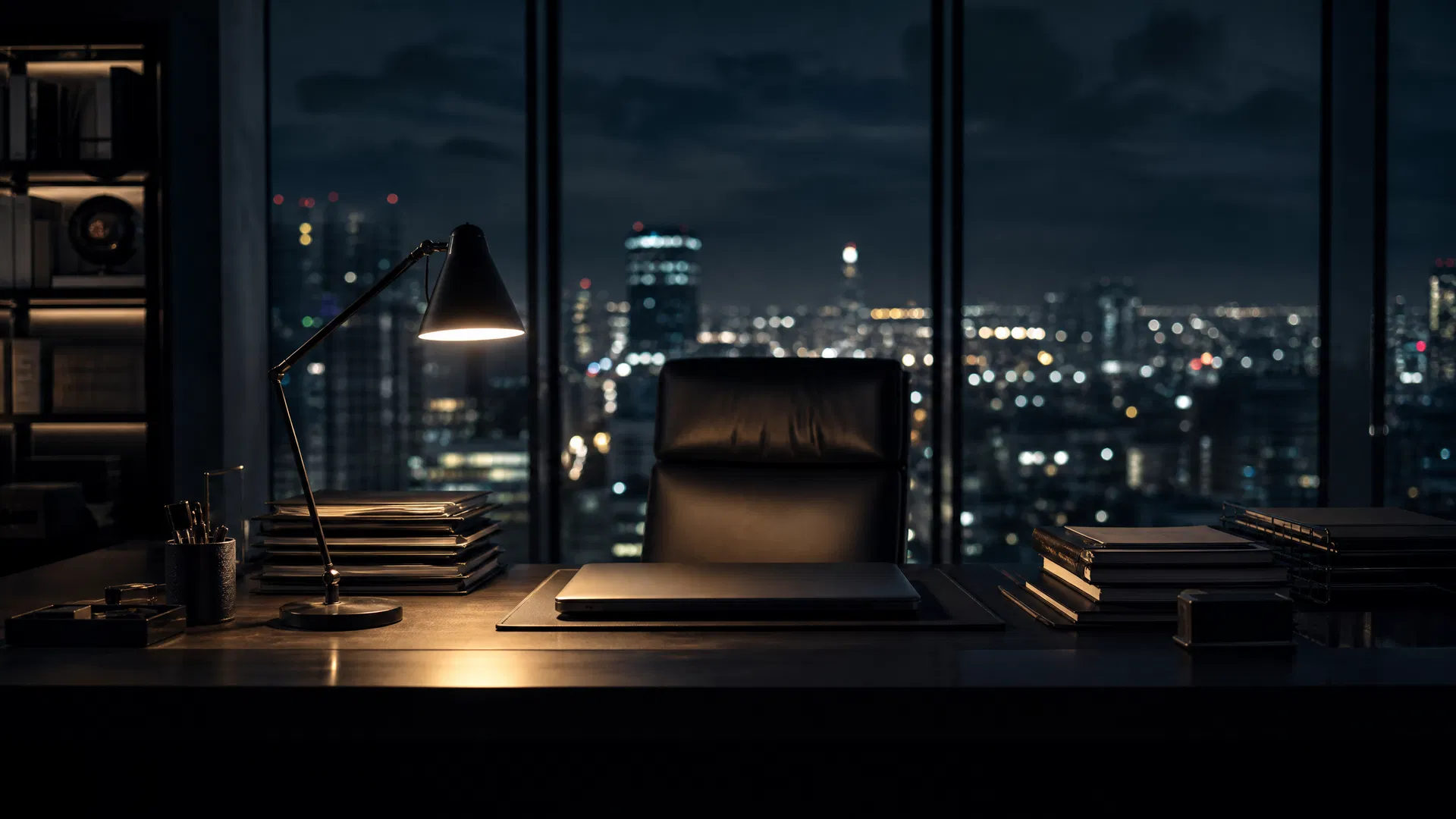 Empty executive desk at night with single desk lamp illuminating stacked reports and closed laptop, city lights blurred in background