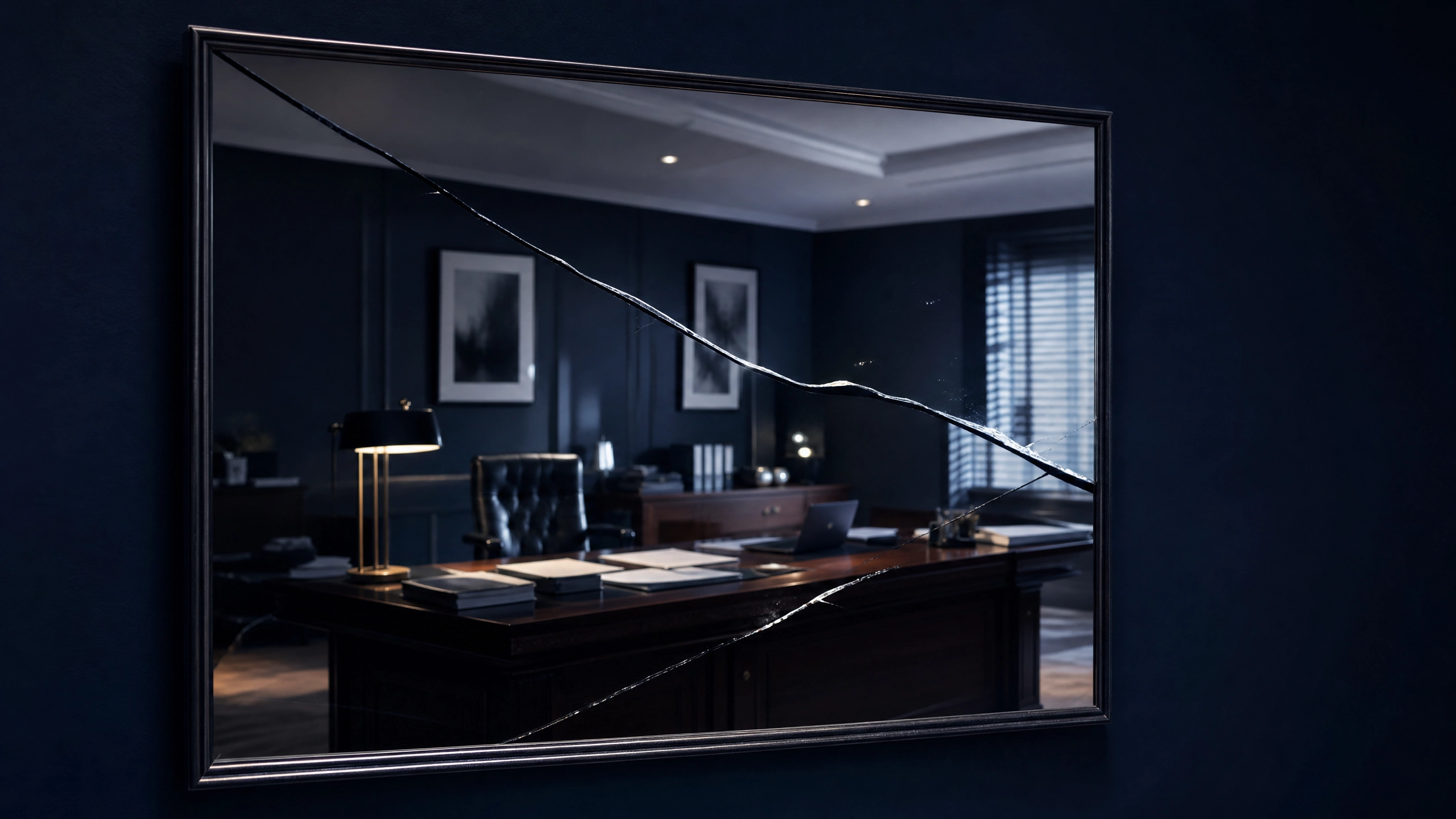 Cracked mirror on a dark navy wall reflecting a dimly lit executive office with a desk lamp