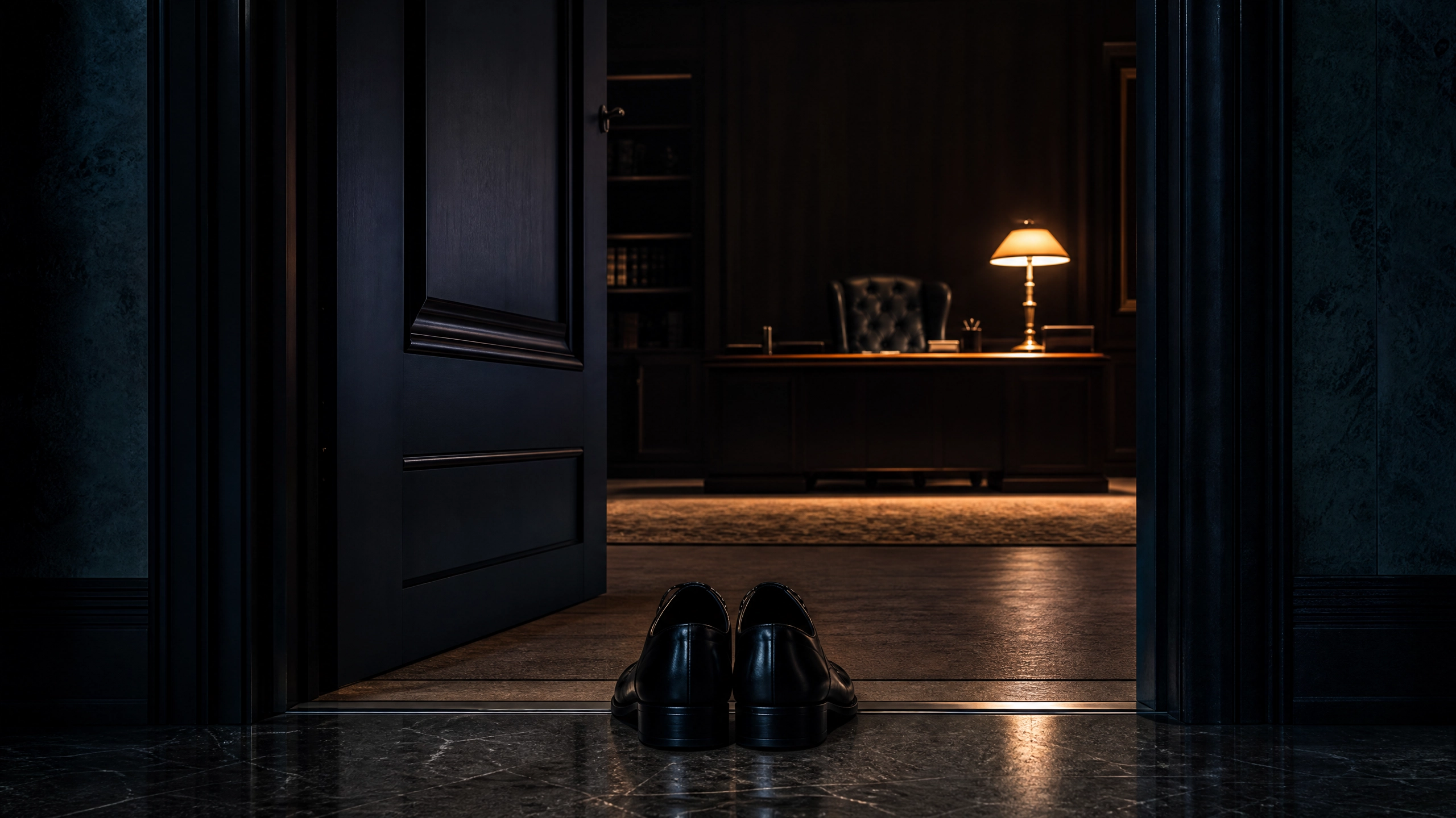 Formal leather shoes at the threshold of a dark executive office with a single amber desk lamp