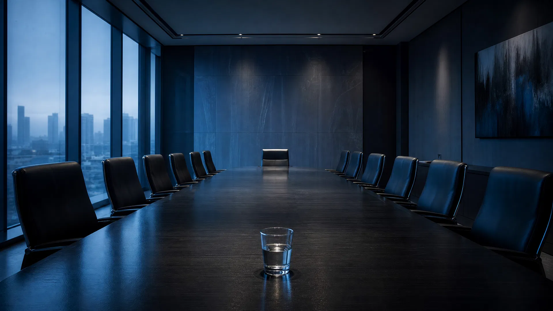 Empty boardroom table with a single glass of water in the foreground, all chairs vacant, cool blue light from tall windows