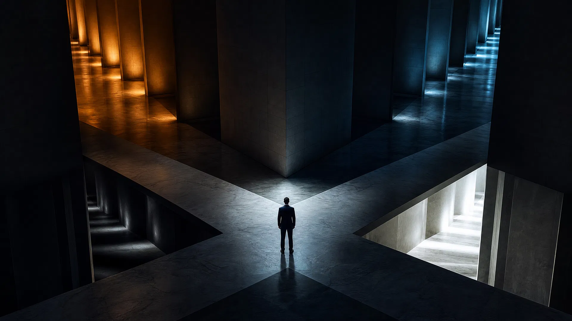 Executive silhouette standing at the convergence of four dramatically lit corridors in a monumental dark-navy building