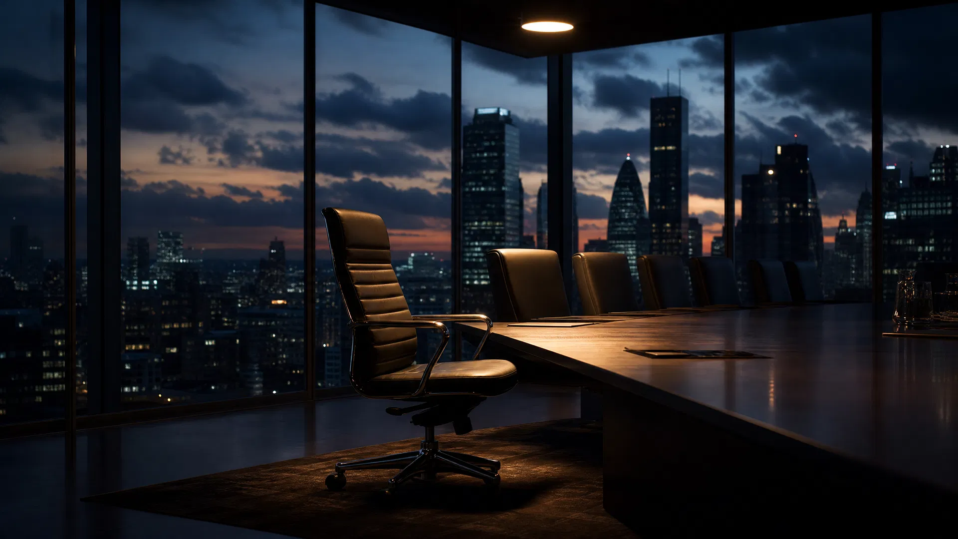 Empty executive chair at the head of a boardroom table, city skyline at dusk through floor-to-ceiling windows