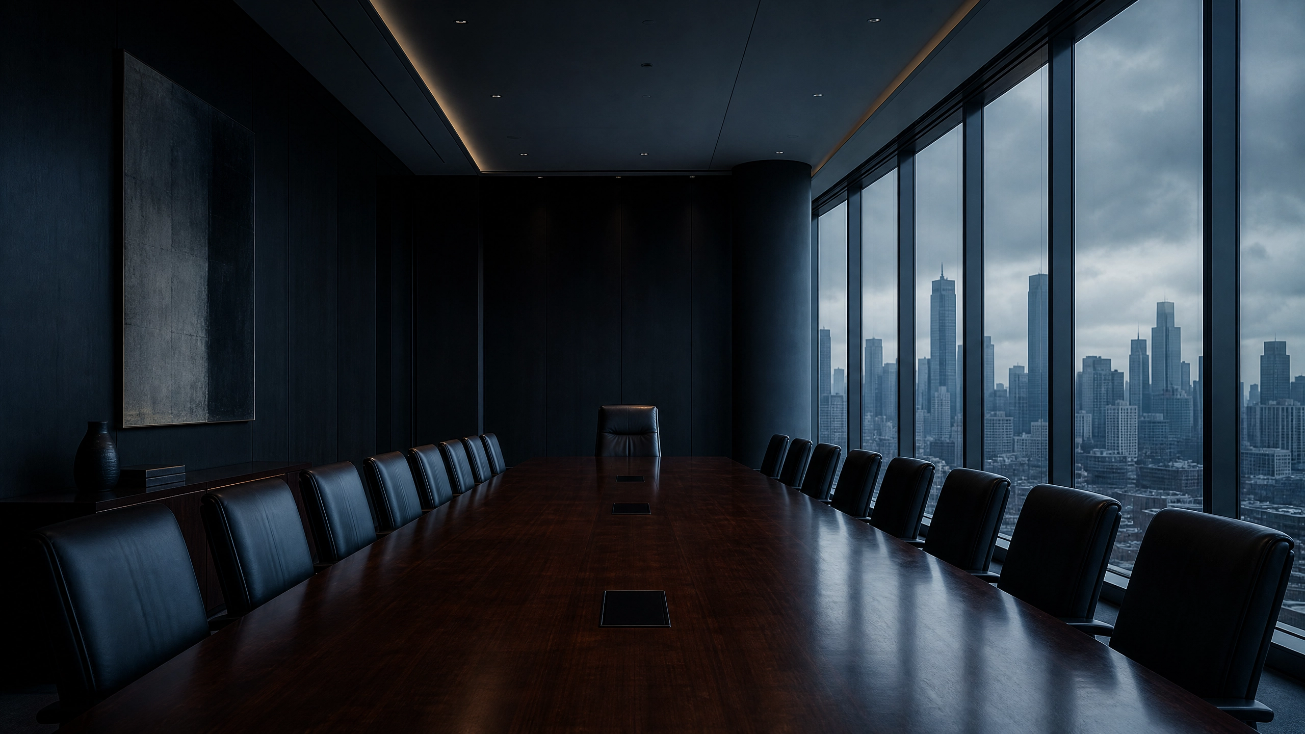 Empty dark boardroom with long mahogany table and city skyline through floor-to-ceiling windows