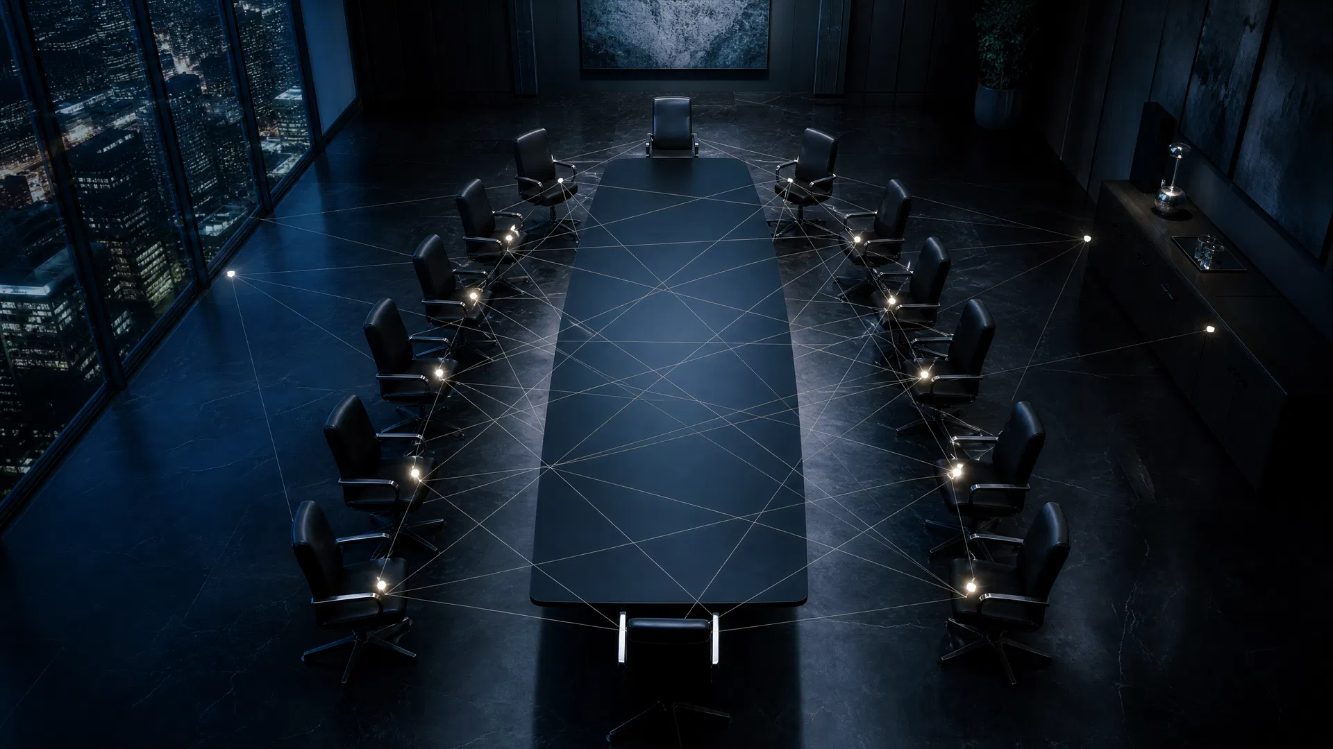 Aerial view of dark corporate boardroom at night with glowing network lines connecting empty chairs, representing invisible power structures