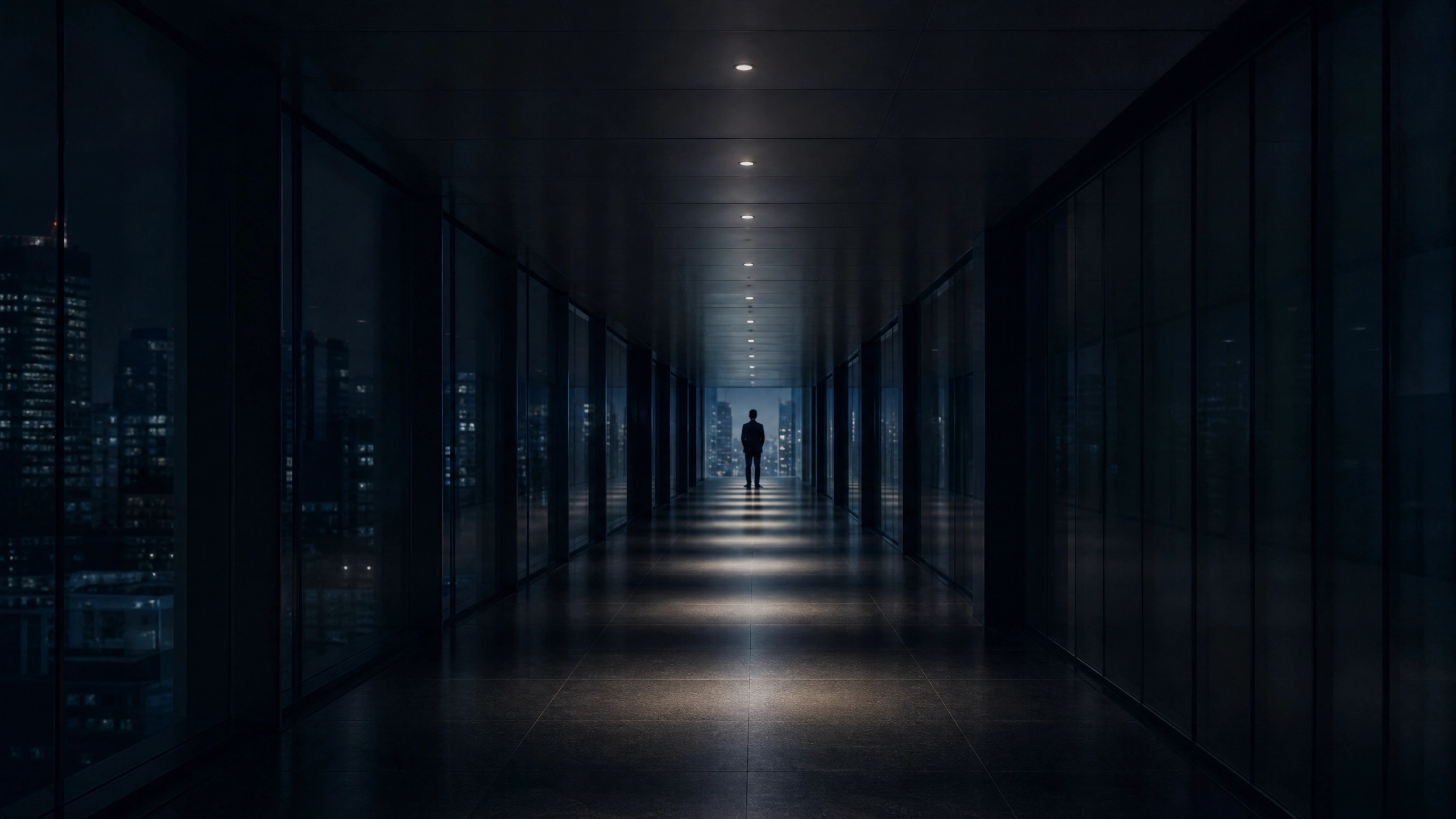 Lone silhouette at the far end of a long dark corporate corridor at night — standing at a threshold between what was and what is required
