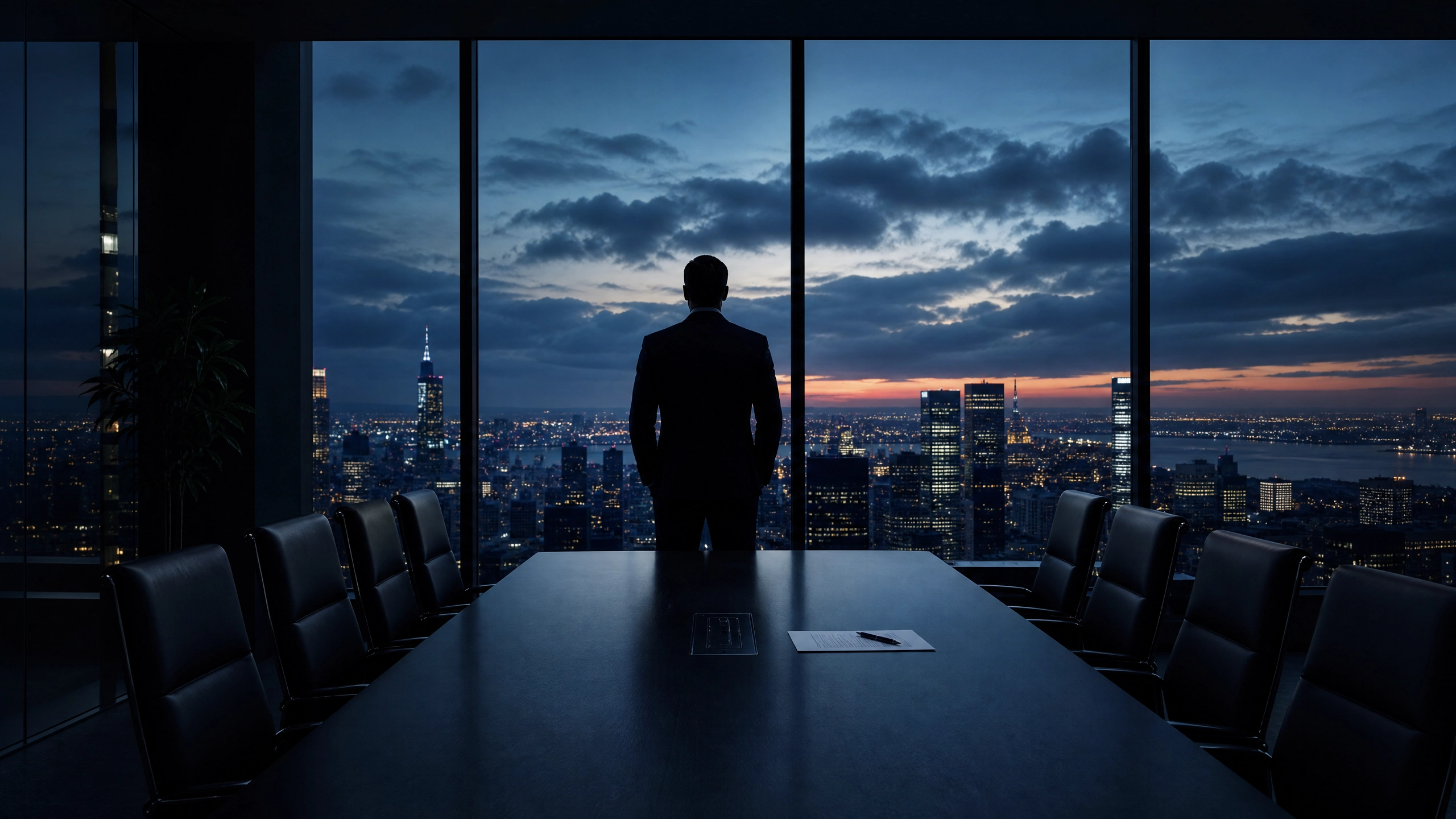 Executive silhouette standing at the head of a dark boardroom table, floor-to-ceiling windows overlooking a city at dusk — a moment of deliberate pause before a consequential decision