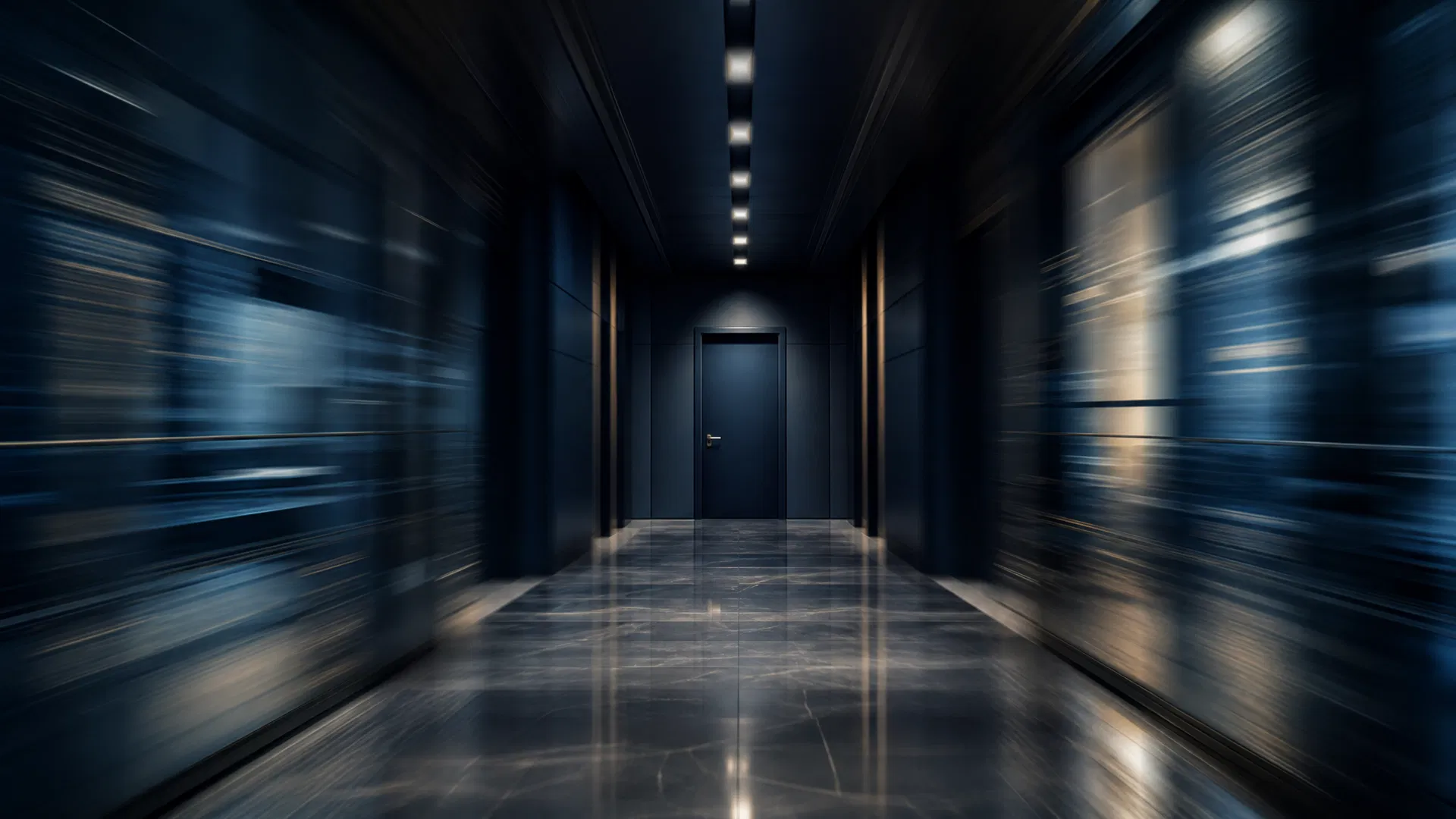 Motion-blurred corporate corridor in dark navy with a single sharp closed door at the end