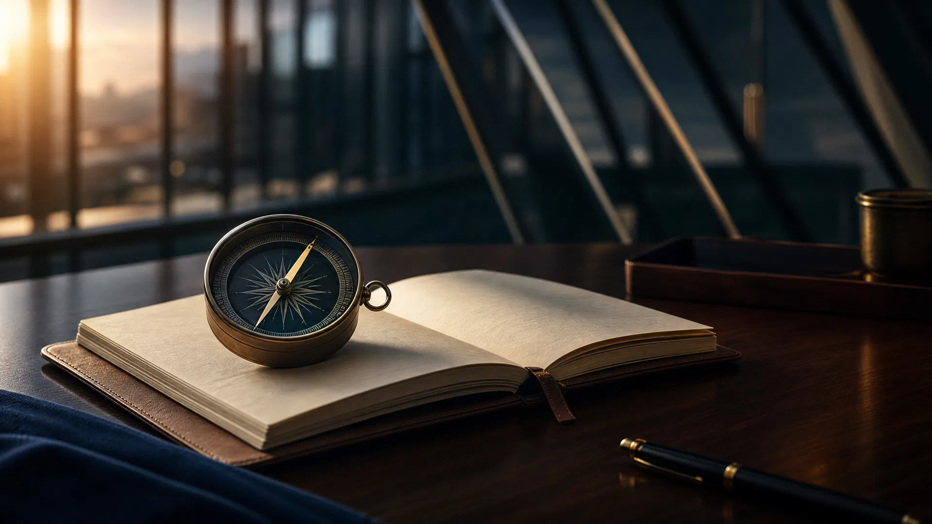 Brass compass resting on open leather journal on dark wood desk with corporate architecture in background, warm directional light