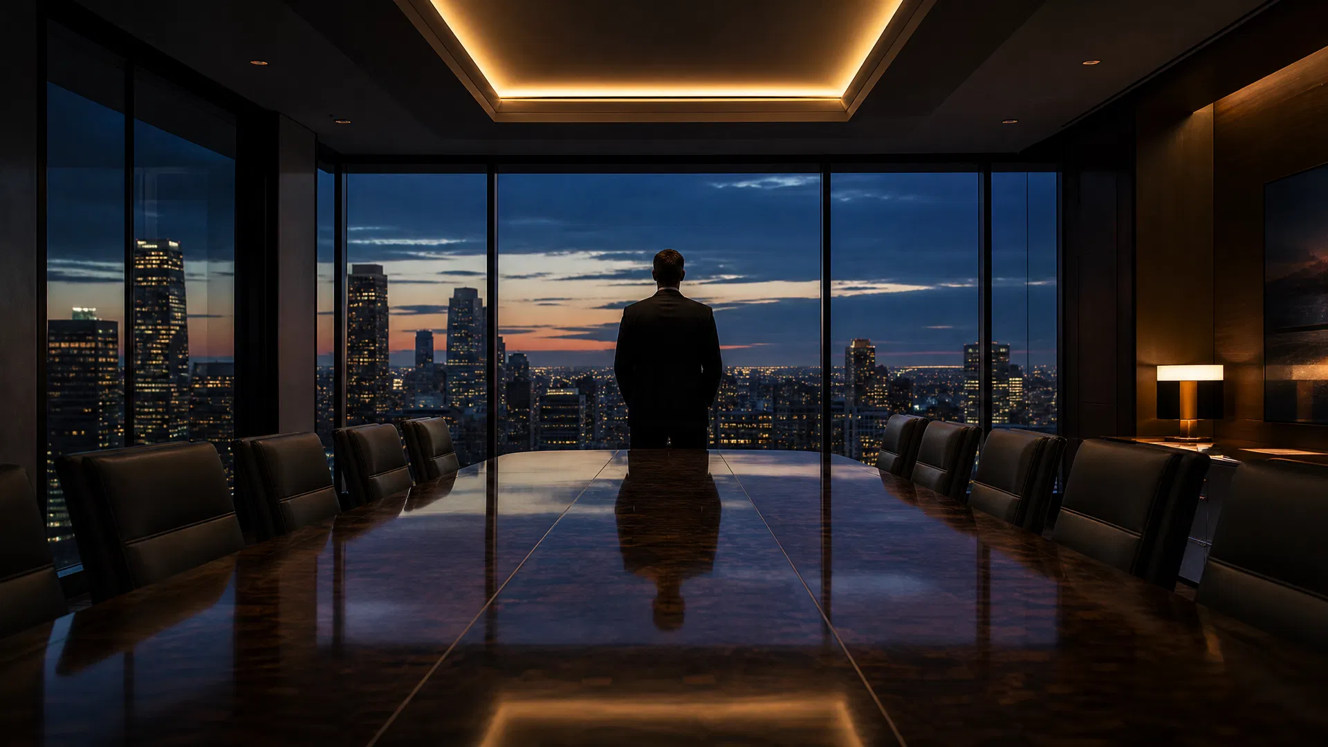 Executive silhouette at the far end of a polished boardroom table, floor-to-ceiling windows overlooking a city at dusk