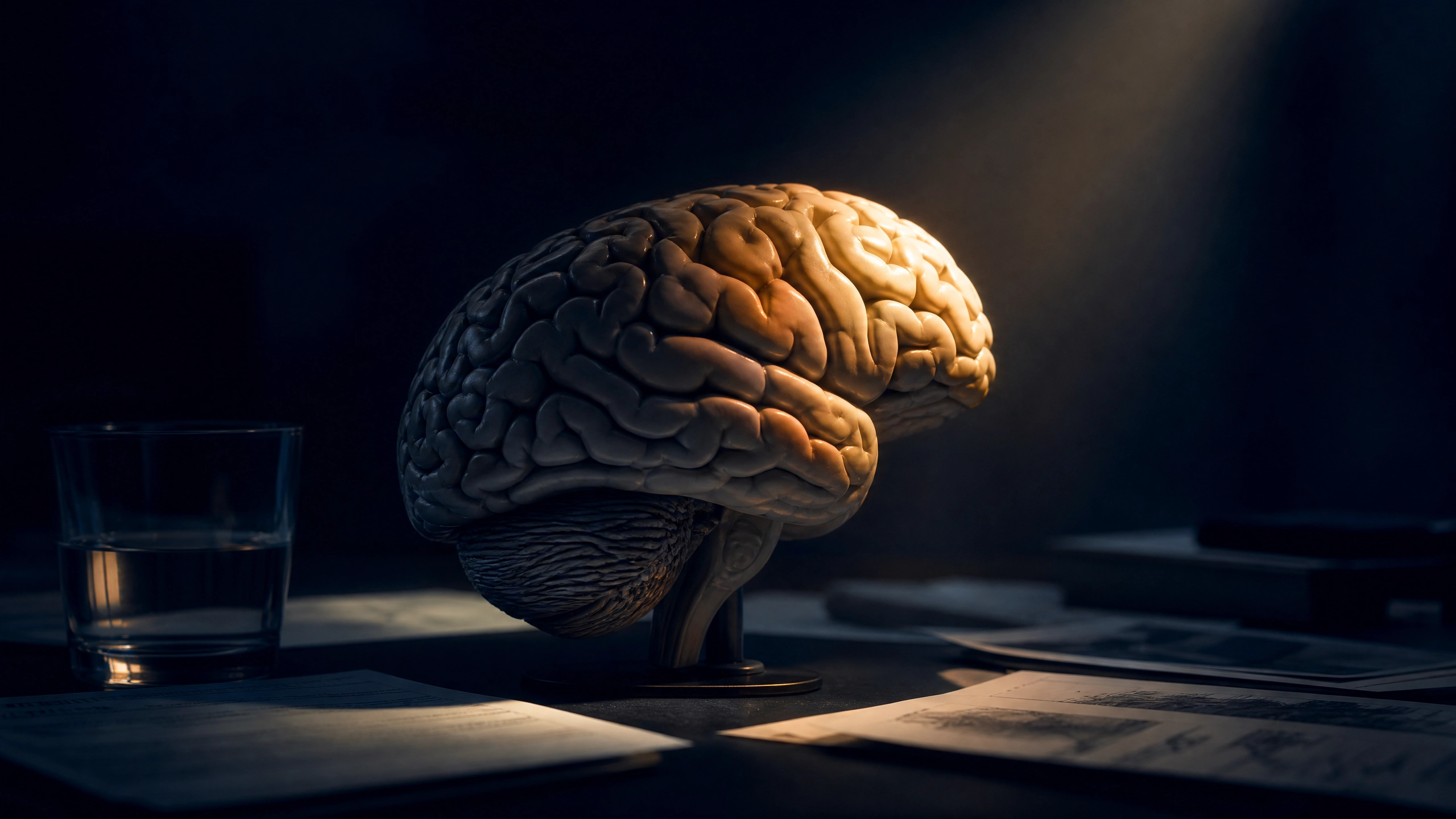 Anatomical brain model on a dark executive desk illuminated by a single amber spotlight