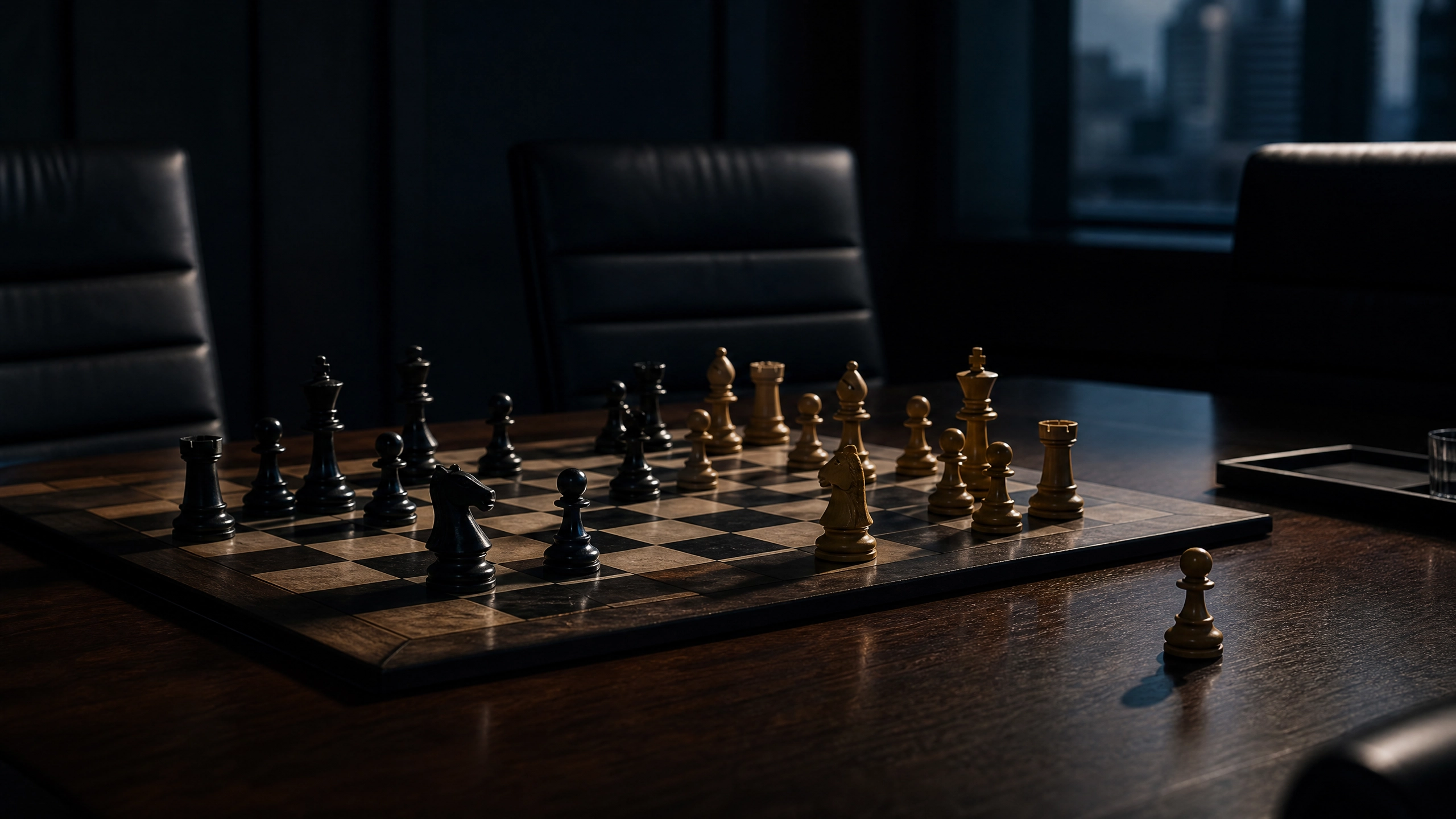 Chess board mid-game on a dark mahogany boardroom table with one piece isolated from the rest