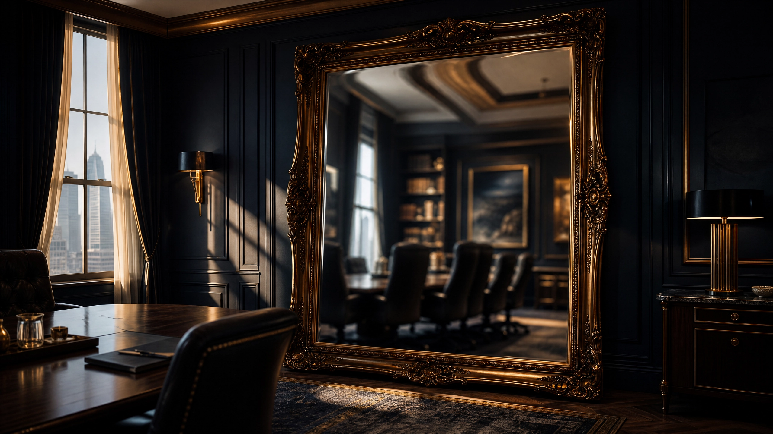 Ornate mirror in a dark executive boardroom reflecting a slightly blurred version of the room