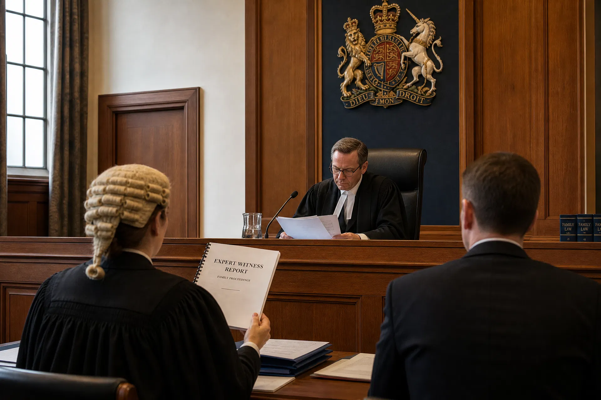 Family Court judge reviewing expert witness report in formal courtroom