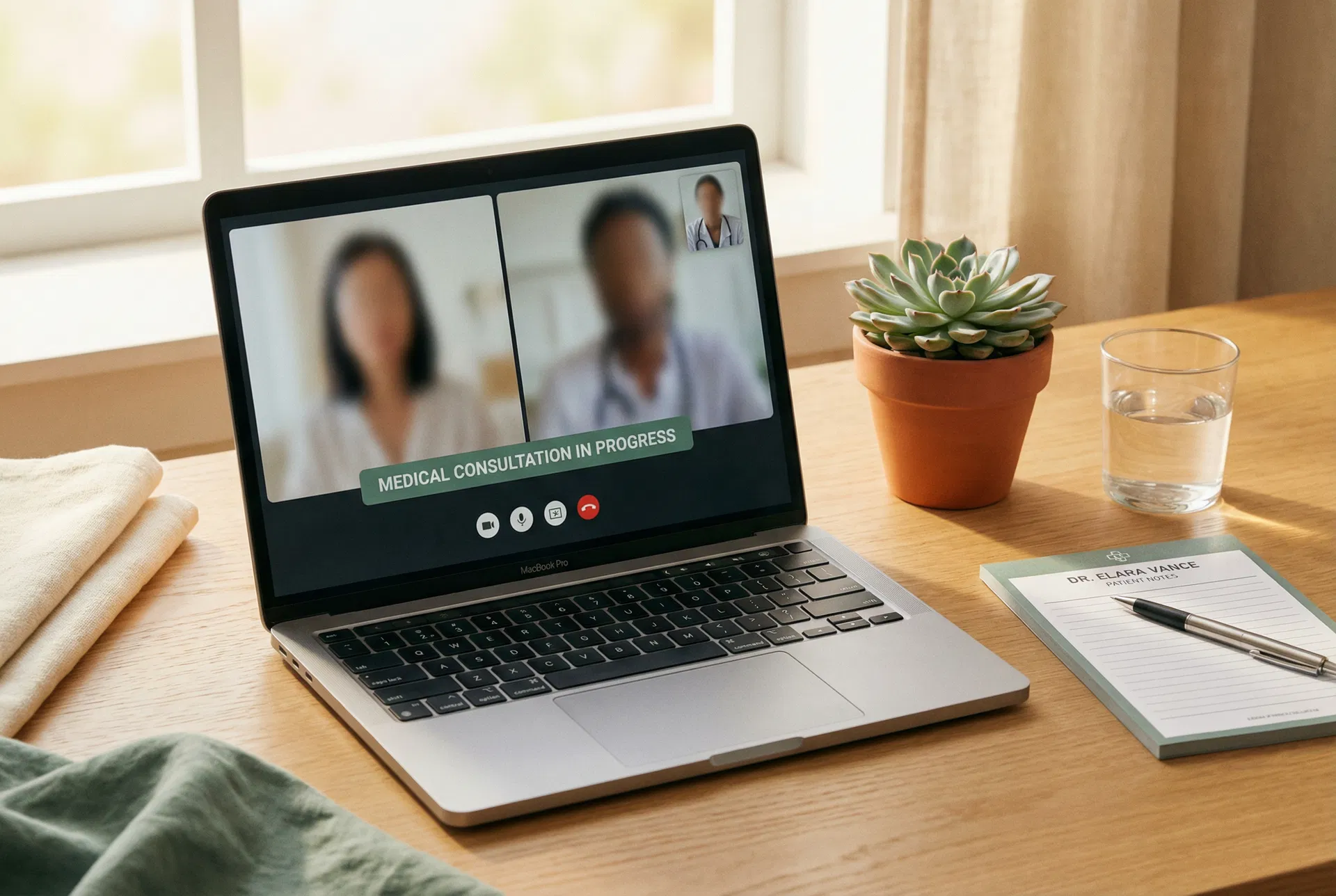 A professional remote consultation setup — laptop on a desk with a plant and medical notepad