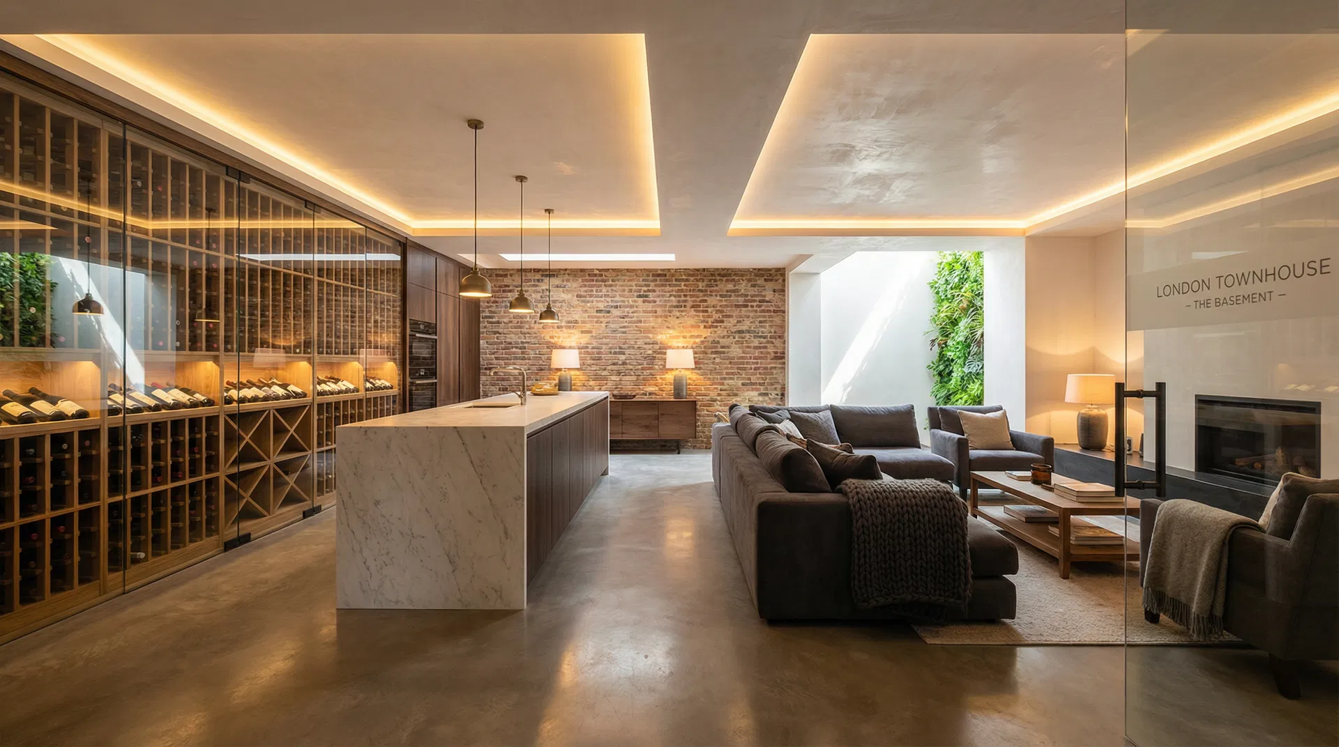 Luxury basement conversion in London townhouse with kitchen and living area