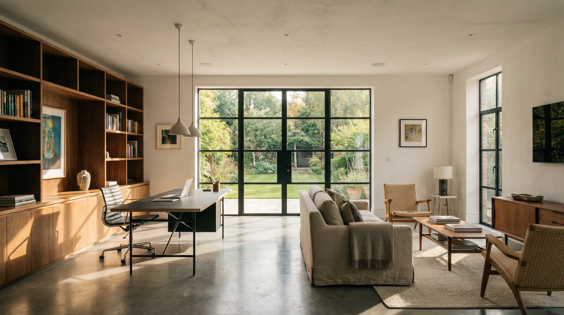 Beautifully converted garage home office in London with glazed doors to garden