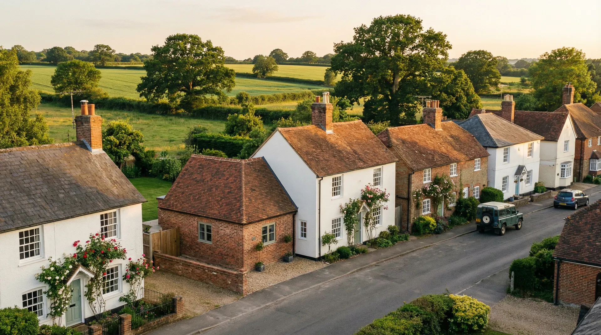 Beautiful Hertfordshire village street with period homes and countryside backdrop