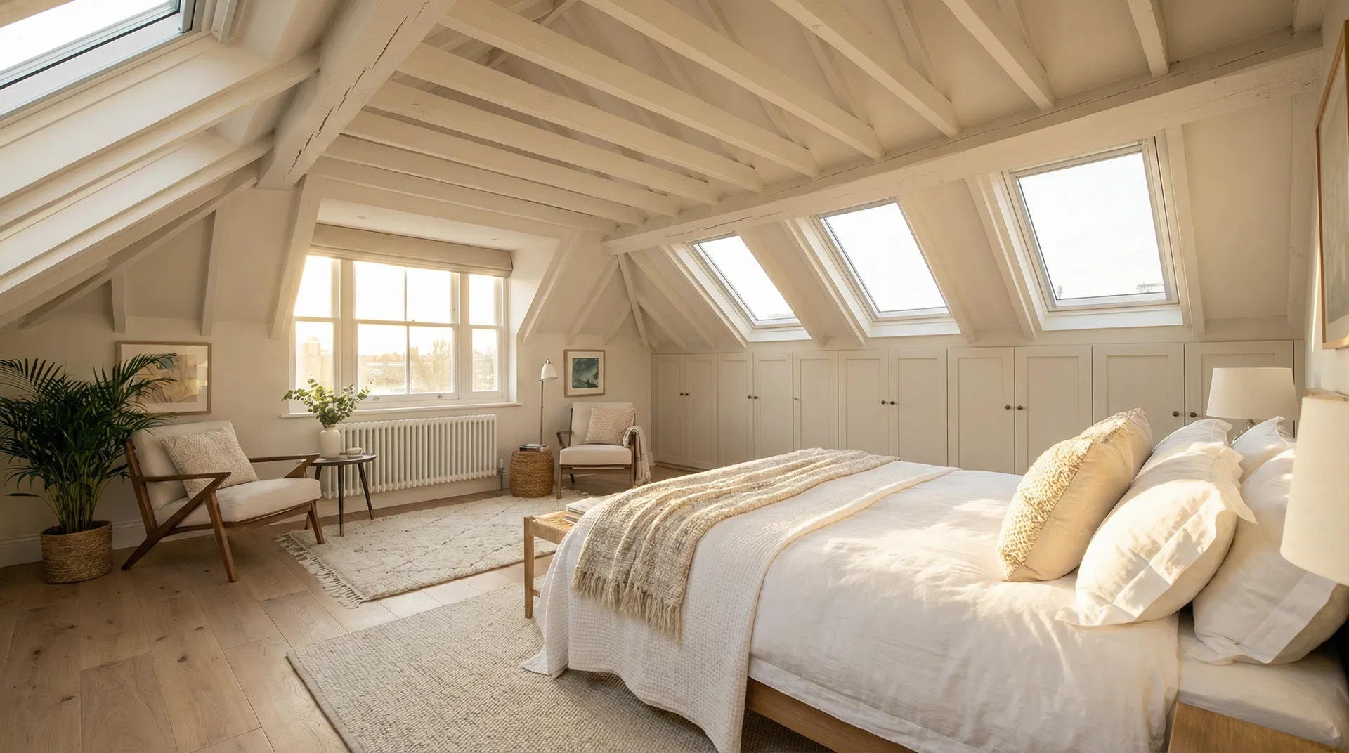 Beautiful loft conversion bedroom with Velux skylights in London