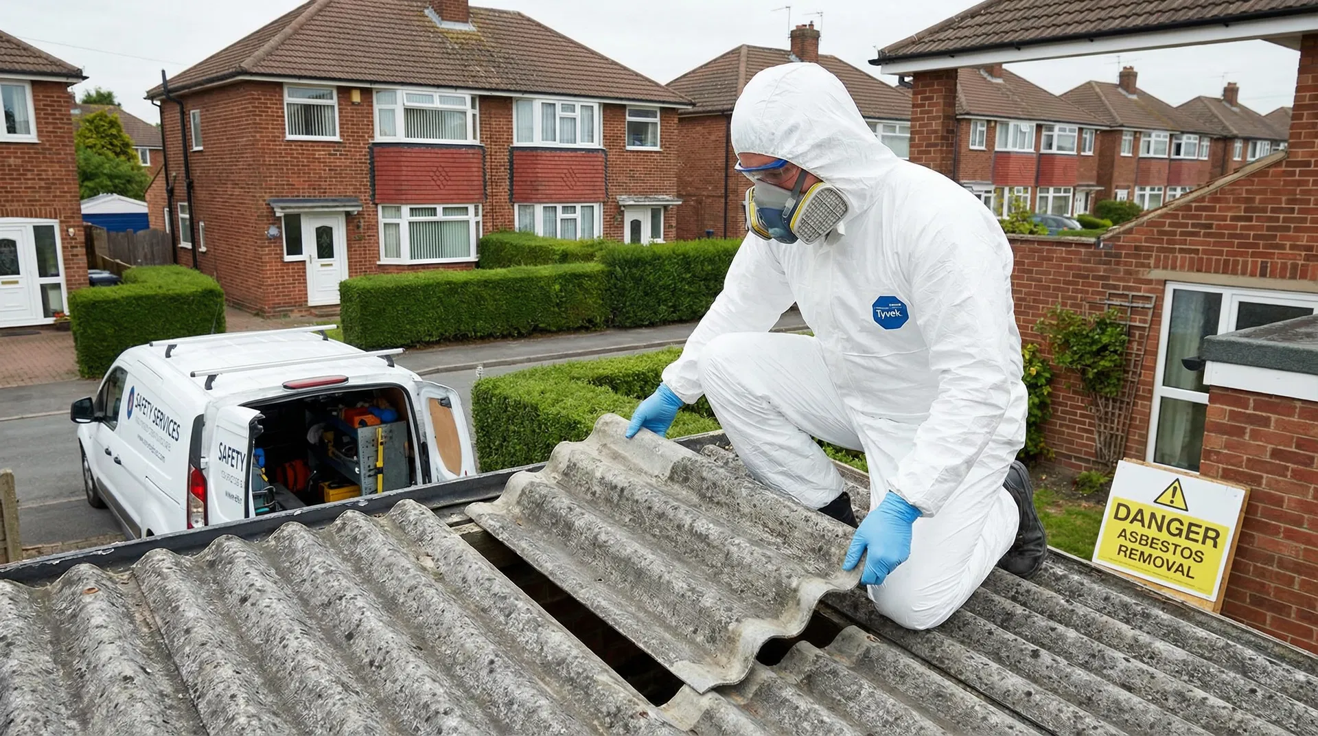 Professional asbestos removal specialist working on a garage roof in Surrey