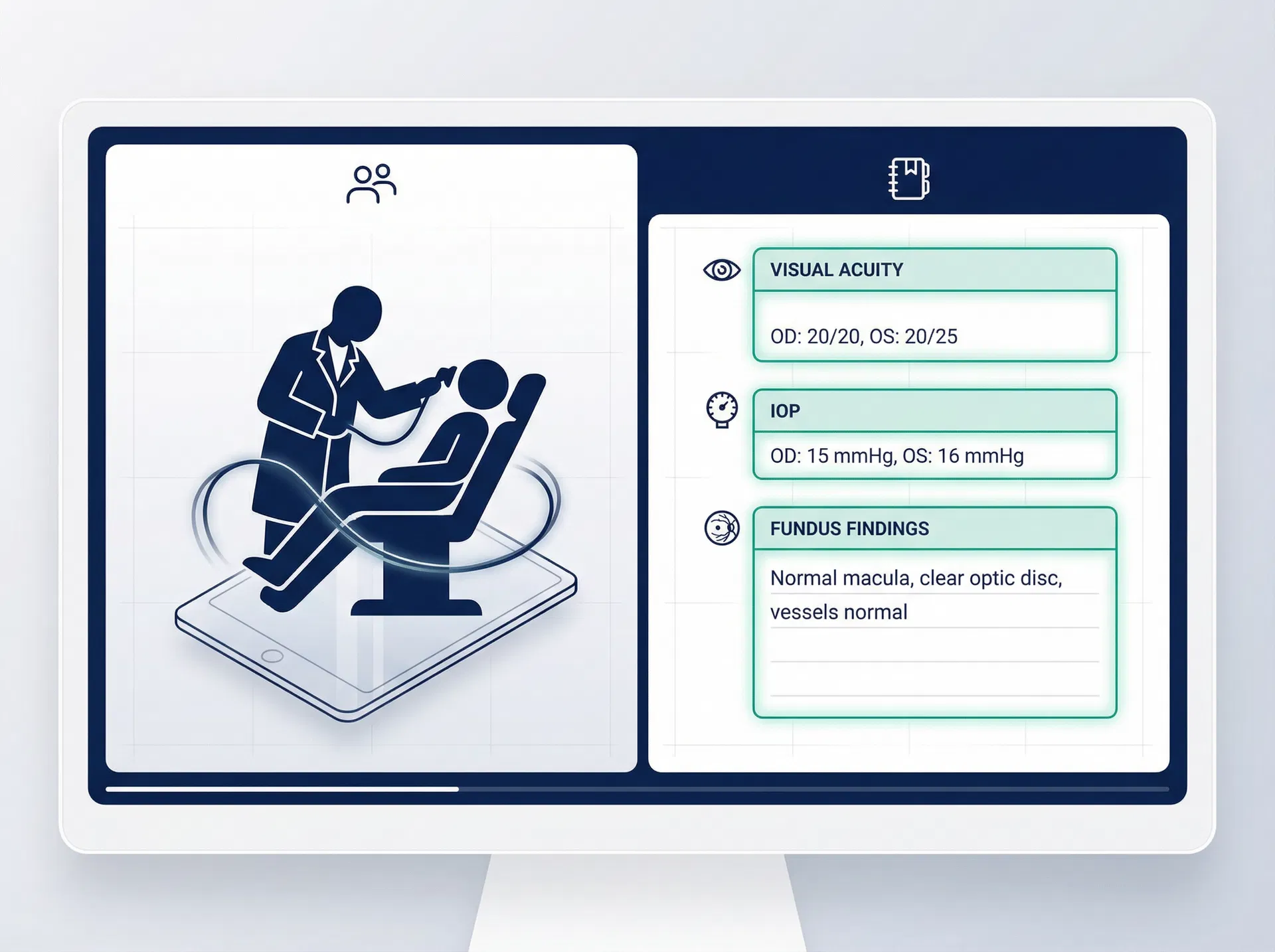 Virtual medical scribe documentation interface showing real-time ophthalmic exam notes