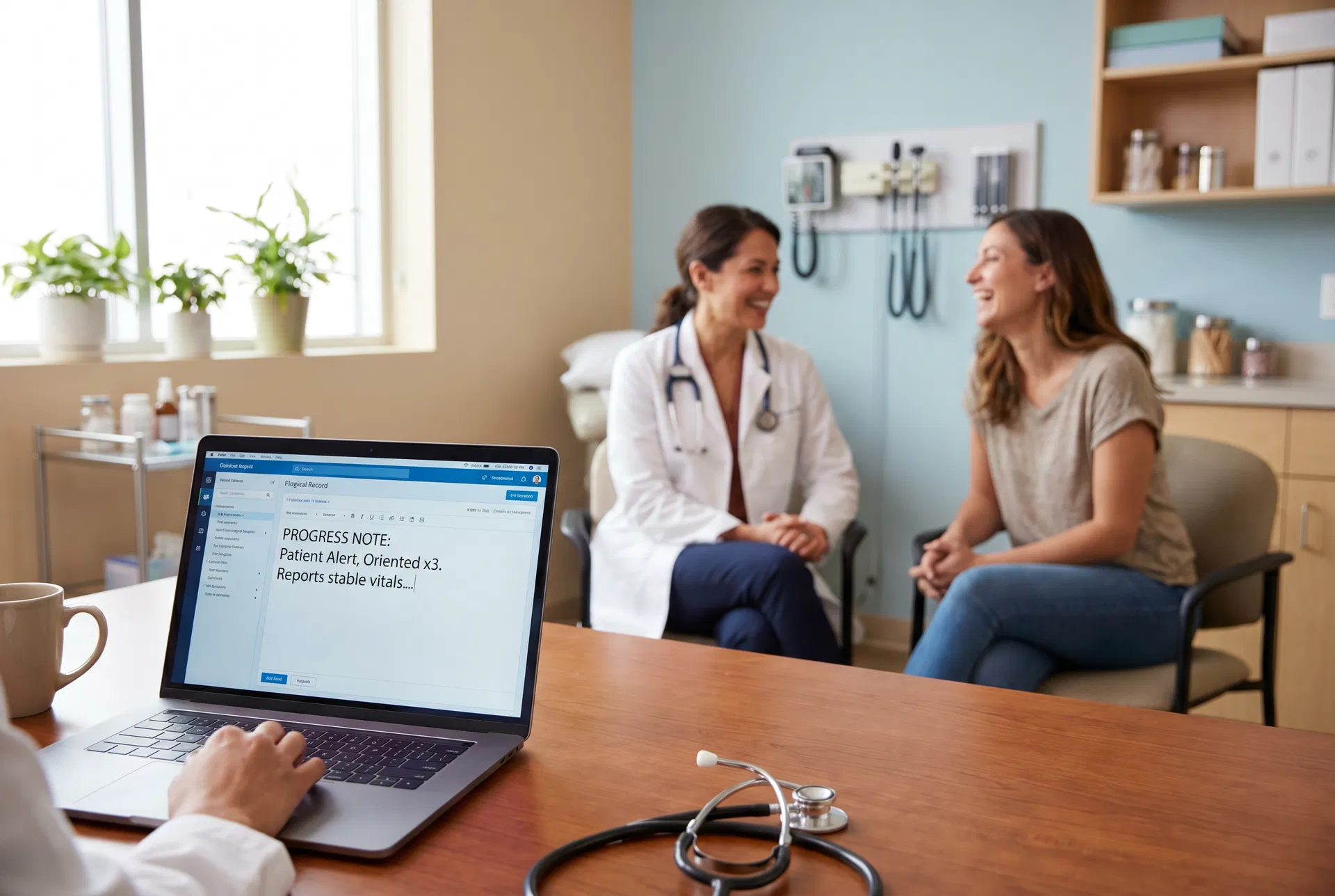 Virtual medical scribe typing clinical notes on a laptop while doctor and patient chat in the background