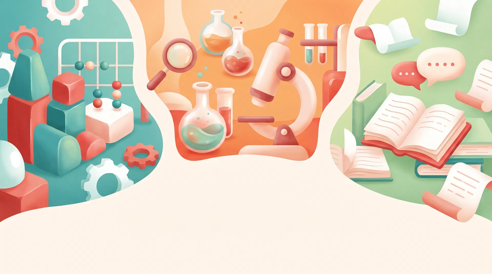 Illustrated academic zones representing mathematics, science, and English